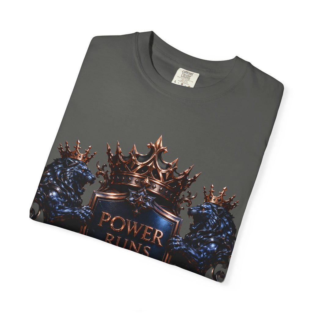 Power Runs Black Crest T-shirt | Heraldic Lion Shield Tee by Power Runs Black