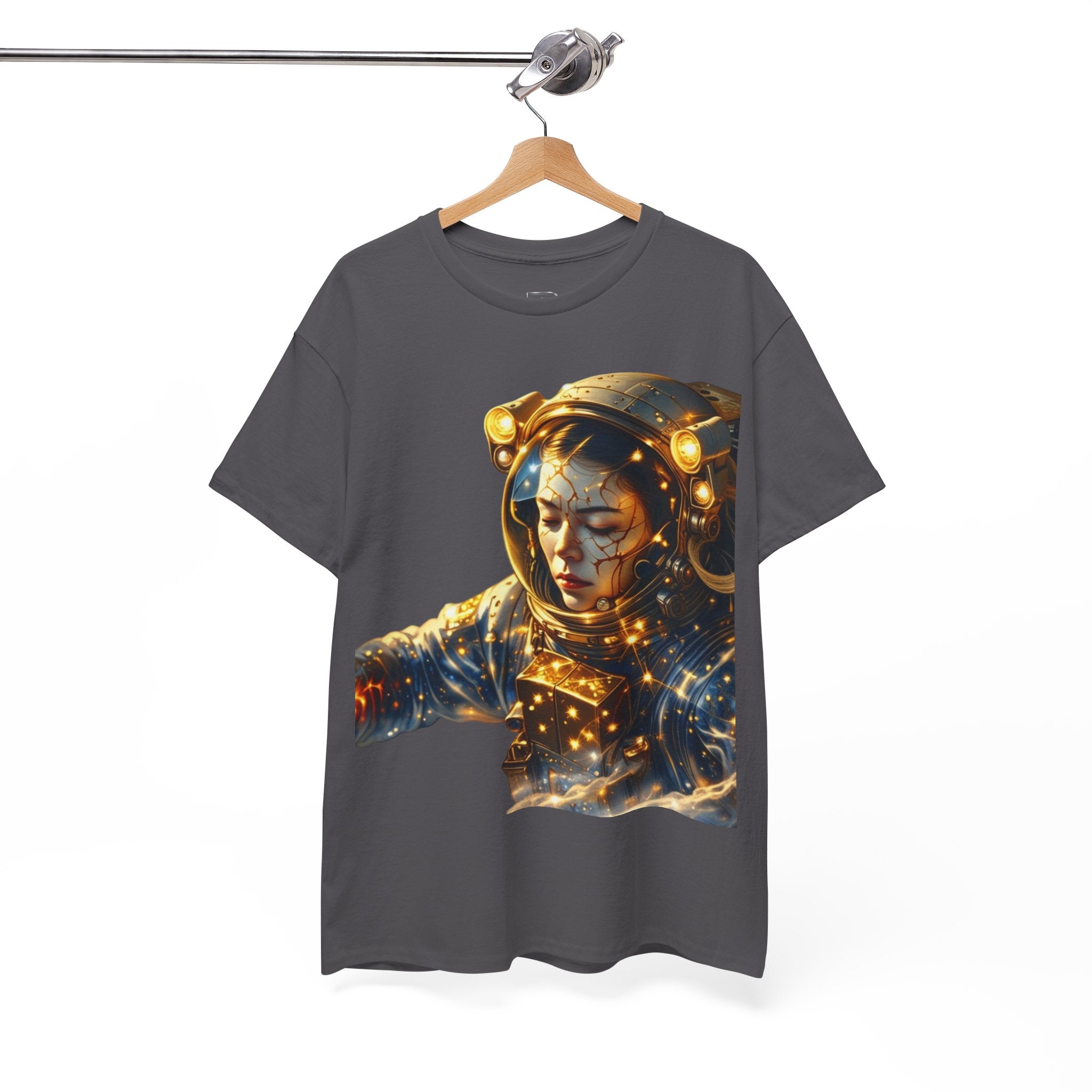 Power Runs Black PRB Golden Astronaut Portrait T-Shirt | Space Helmet Art, Cosmic Lights by Printify
