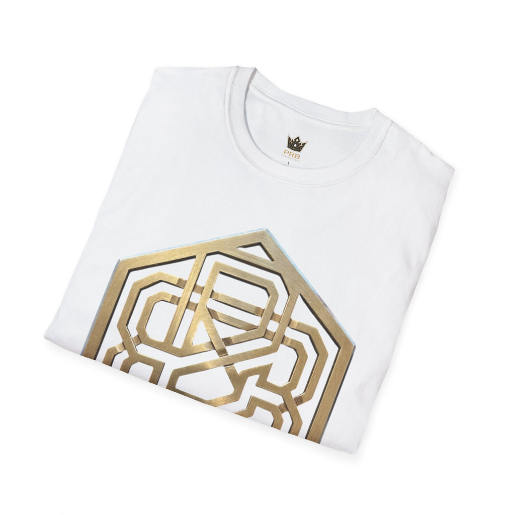 Power Runs Black PRB Geometric Gold Hexagon T-Shirt — Modern Maze Logo Tee by Printify