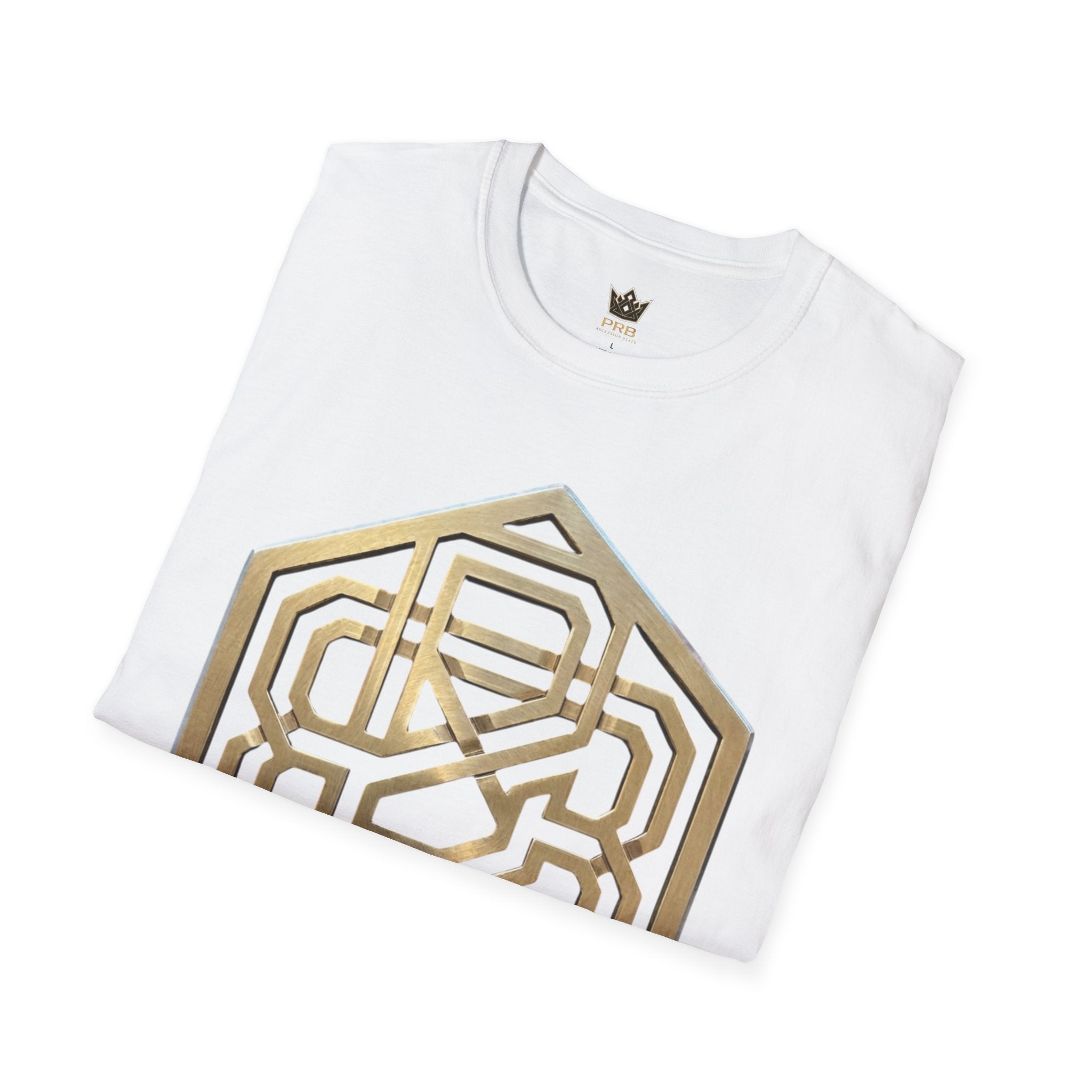 Power Runs Black PRB Geometric Gold Hexagon T-Shirt — Modern Maze Logo Tee by Printify