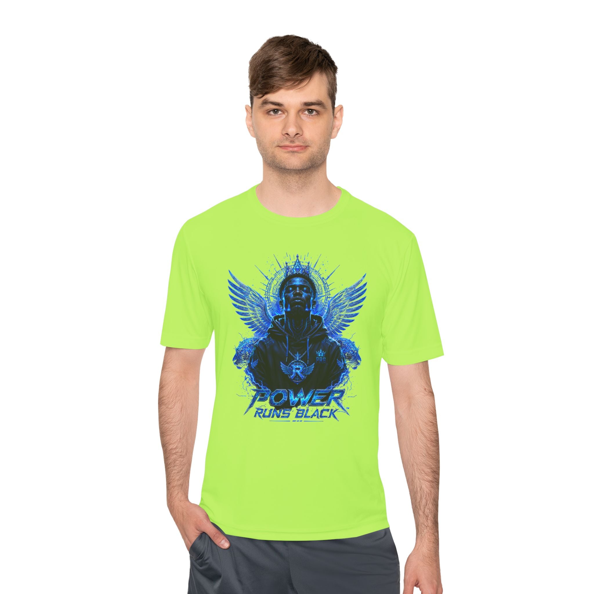 Power Runs Black graphic Tee | Blue angel wings, armored figure, bold script by Power Runs Black