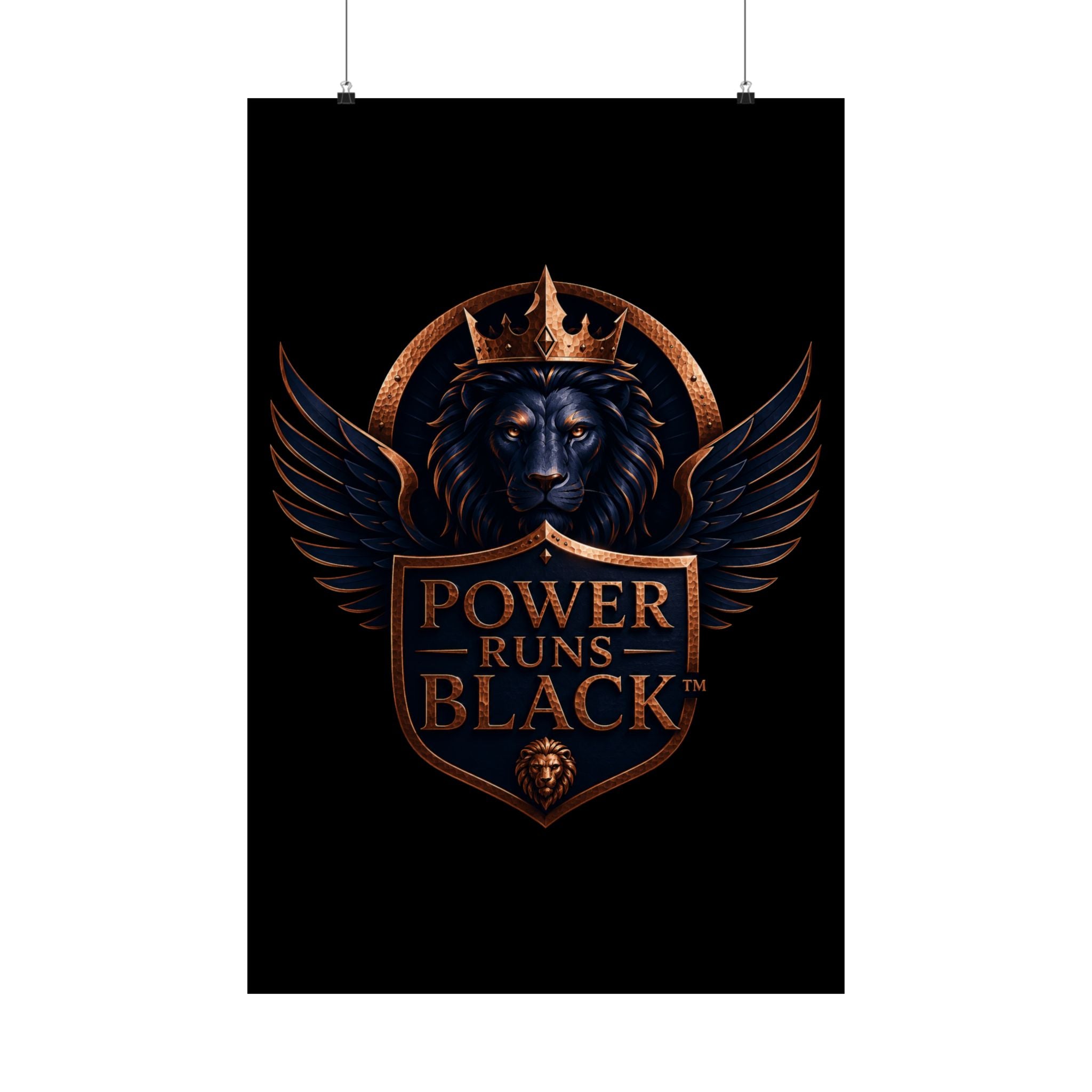 Power Runs Black Matte Poster — Regal Lion Crest Wall Art by Power Runs Black