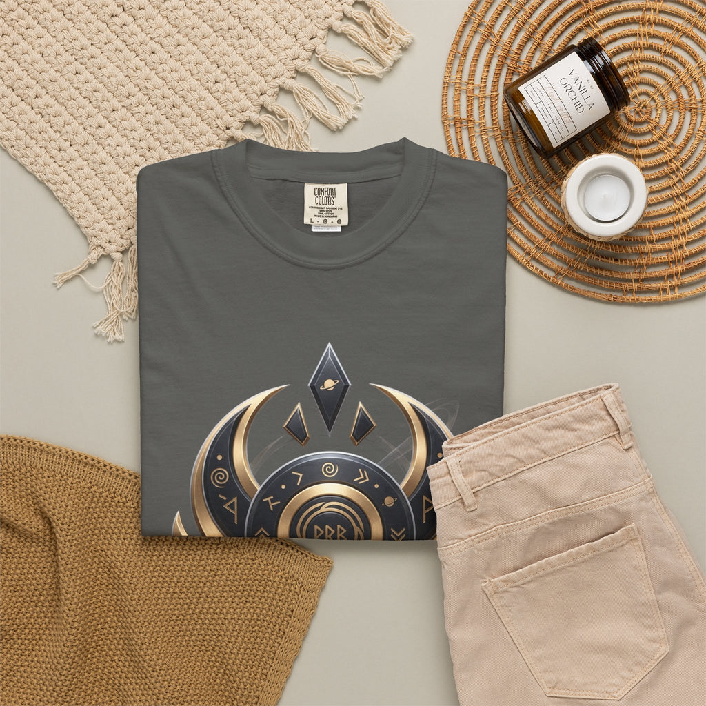 Power Runs Black Mystic Compass Disc T-Shirt — Geometric Gold & Black Emblem Tee by Printify