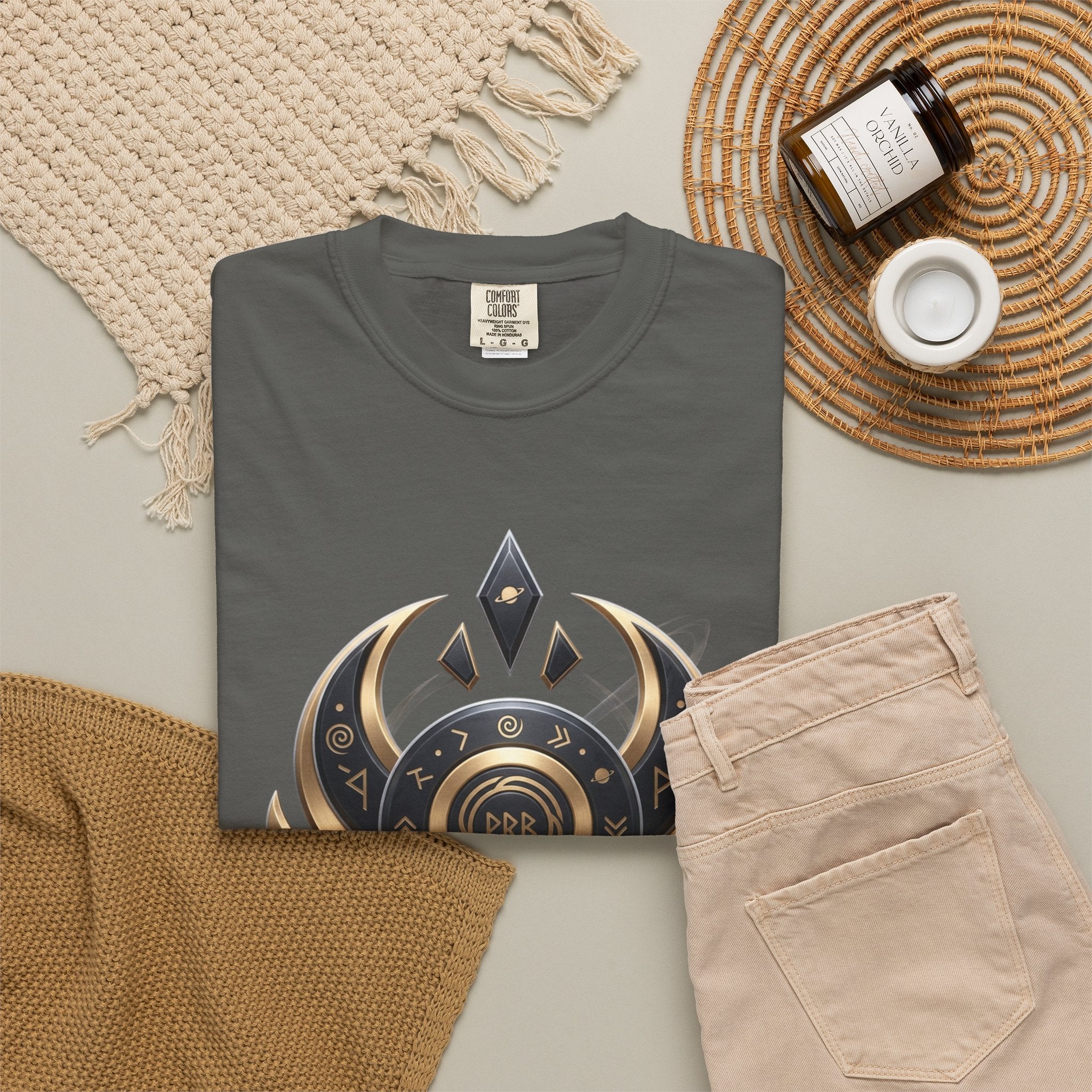Power Runs Black Mystic Compass Disc T-Shirt — Geometric Gold & Black Emblem Tee by Printify