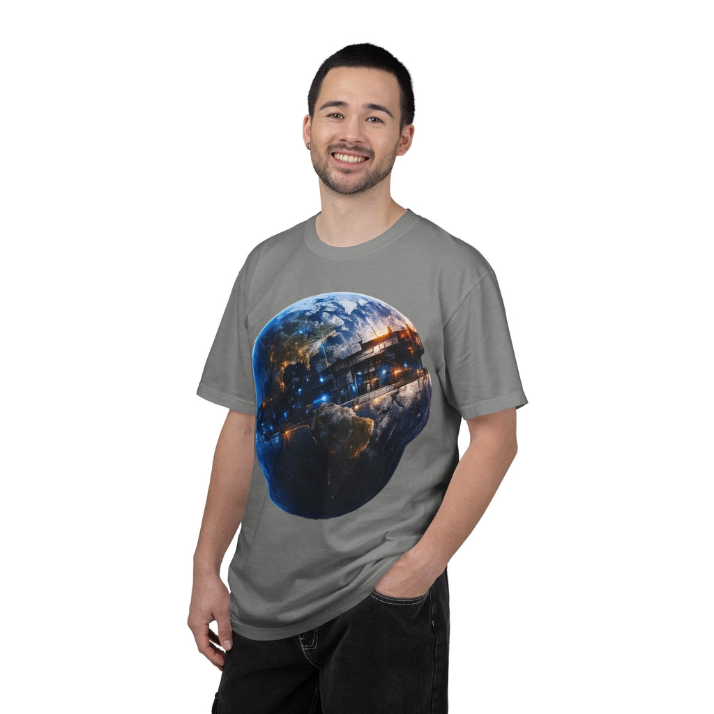 PRB Cityscape Globe T-shirt | Nighttime Earth Illustration, Urban Lights by Power Runs Black