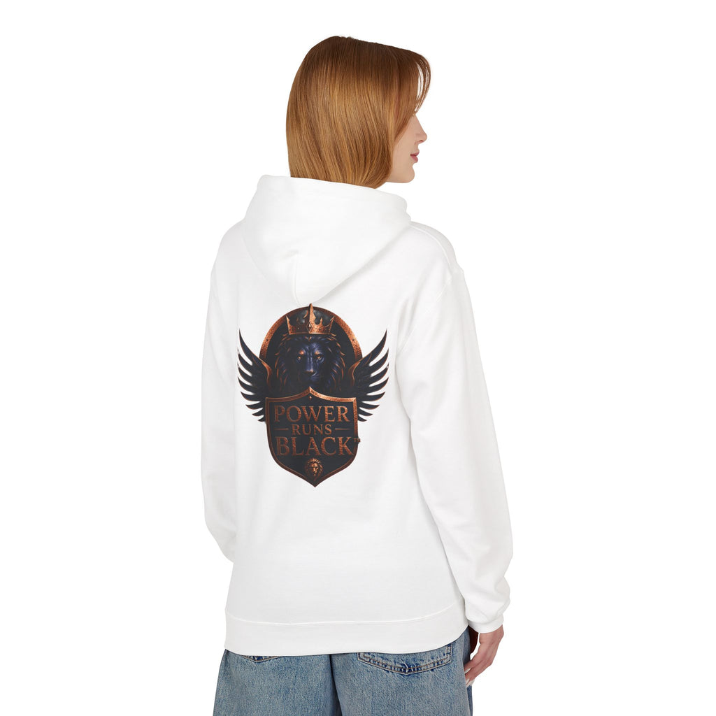 Power Runs Black crest hoodie | medieval shield with lions and wings by Power Runs Black