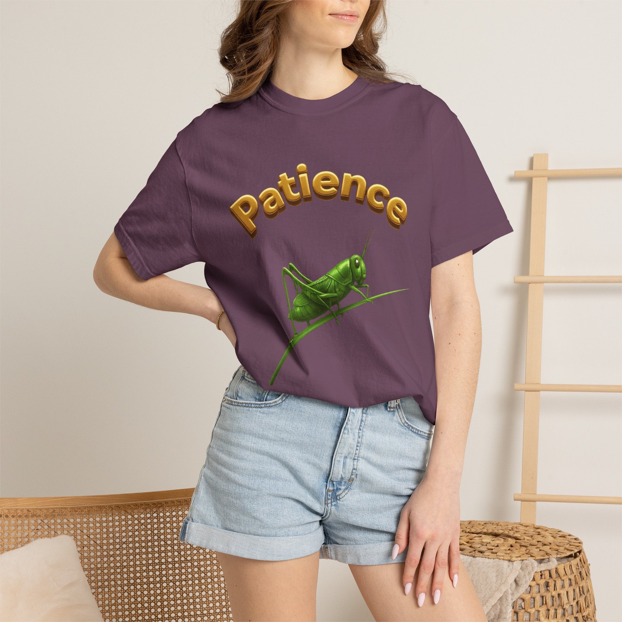 PRB Patience Grasshopper T-shirt | Green Grasshopper Illustration, Positive Quote by Power Runs Black