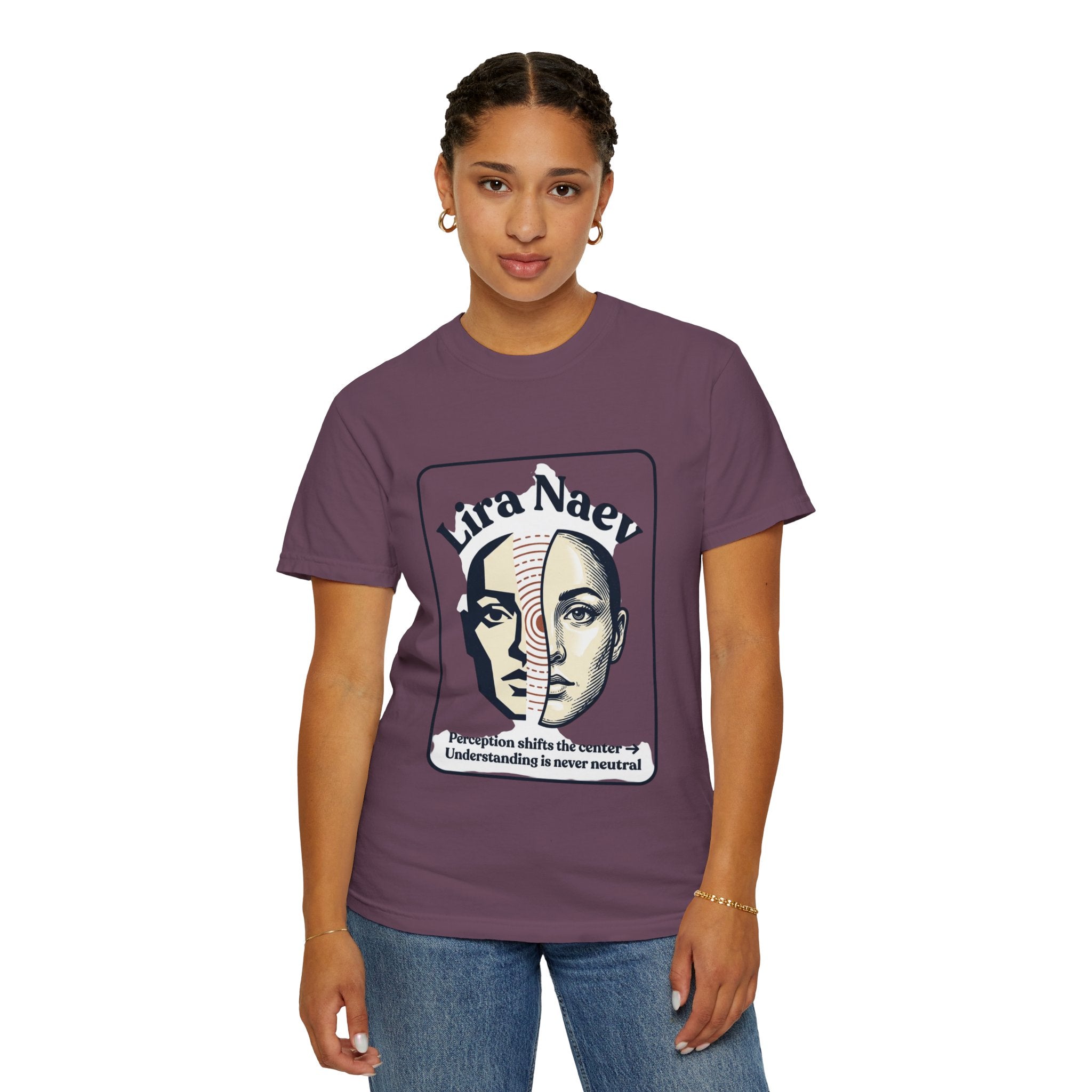 Power Runs Black PRB Lira Naev Split-Face Graphic T-Shirt — “Perception shifts the center” Statement Tee by Power Runs Black