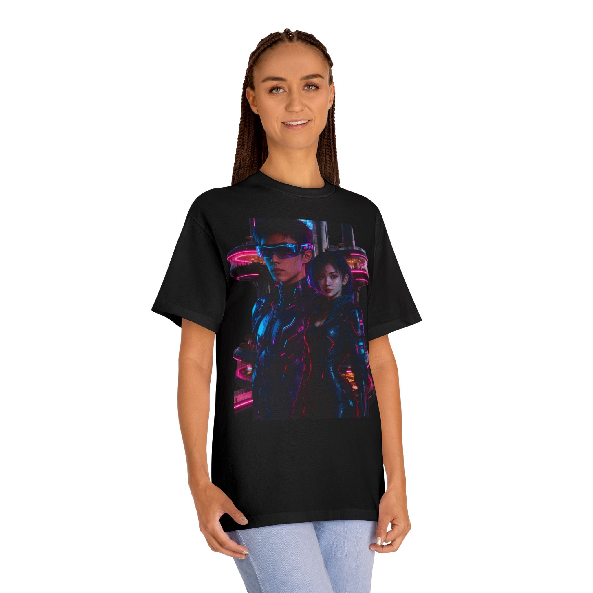 PRB Neon Tokyo Cyberpunk Couple T-Shirt | Futuristic Neon City Illustration by Printify