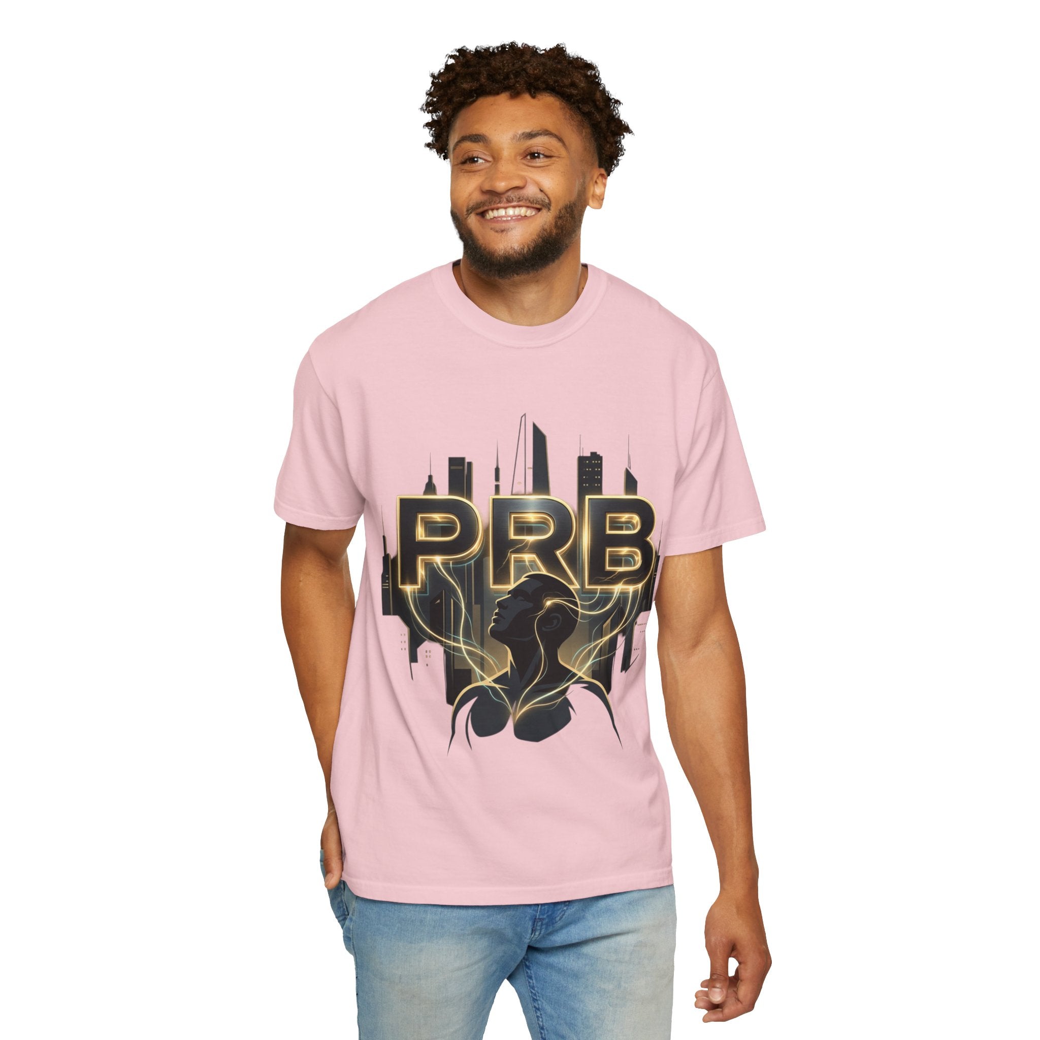 PRB Cityscape Graphic T-Shirt | Black & Gold Urban Streetwear Tee by Printify