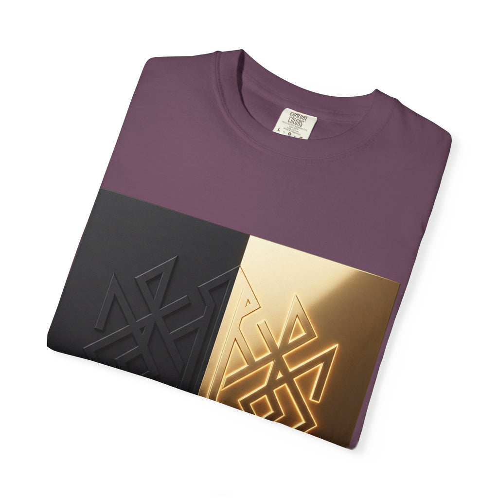 Power Runs Black PRB Geometric Split Glow T-Shirt — Black & Gold Tribal Diamond Graphic by Power Runs Black