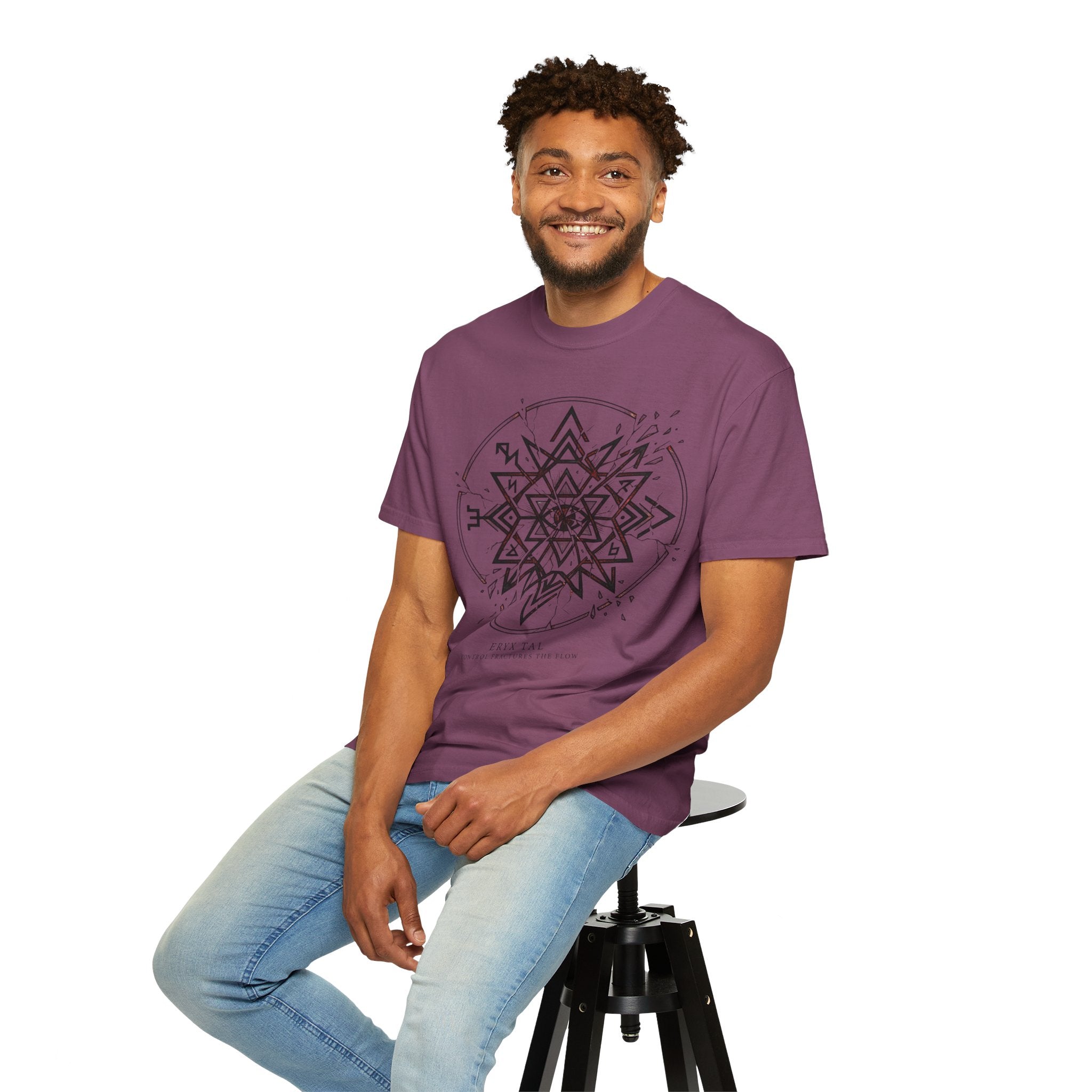 Power Runs Black PRB Eryx Tal Geometric Mandala T-Shirt — Symmetric Star Graphic Tee by Printify