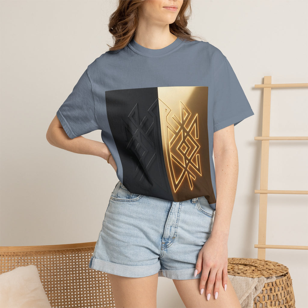 Power Runs Black PRB Geometric Split Glow T-Shirt — Black & Gold Tribal Diamond Graphic by Power Runs Black