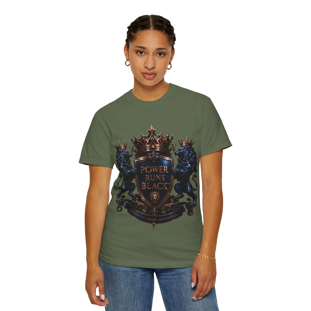 Power Runs Black Crest T-shirt | Heraldic Lion Shield Tee by Power Runs Black