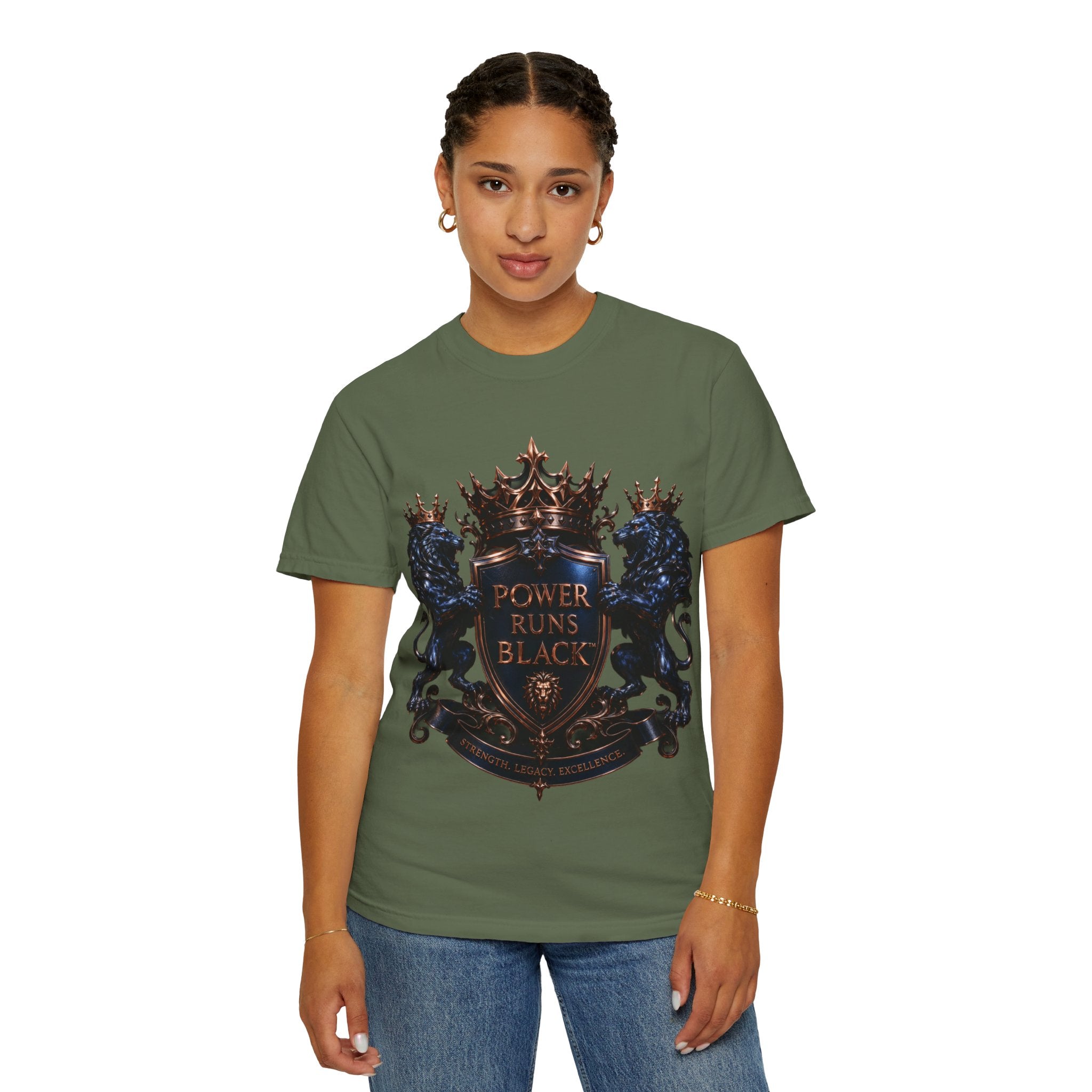 Power Runs Black Crest T-shirt | Heraldic Lion Shield Tee by Power Runs Black