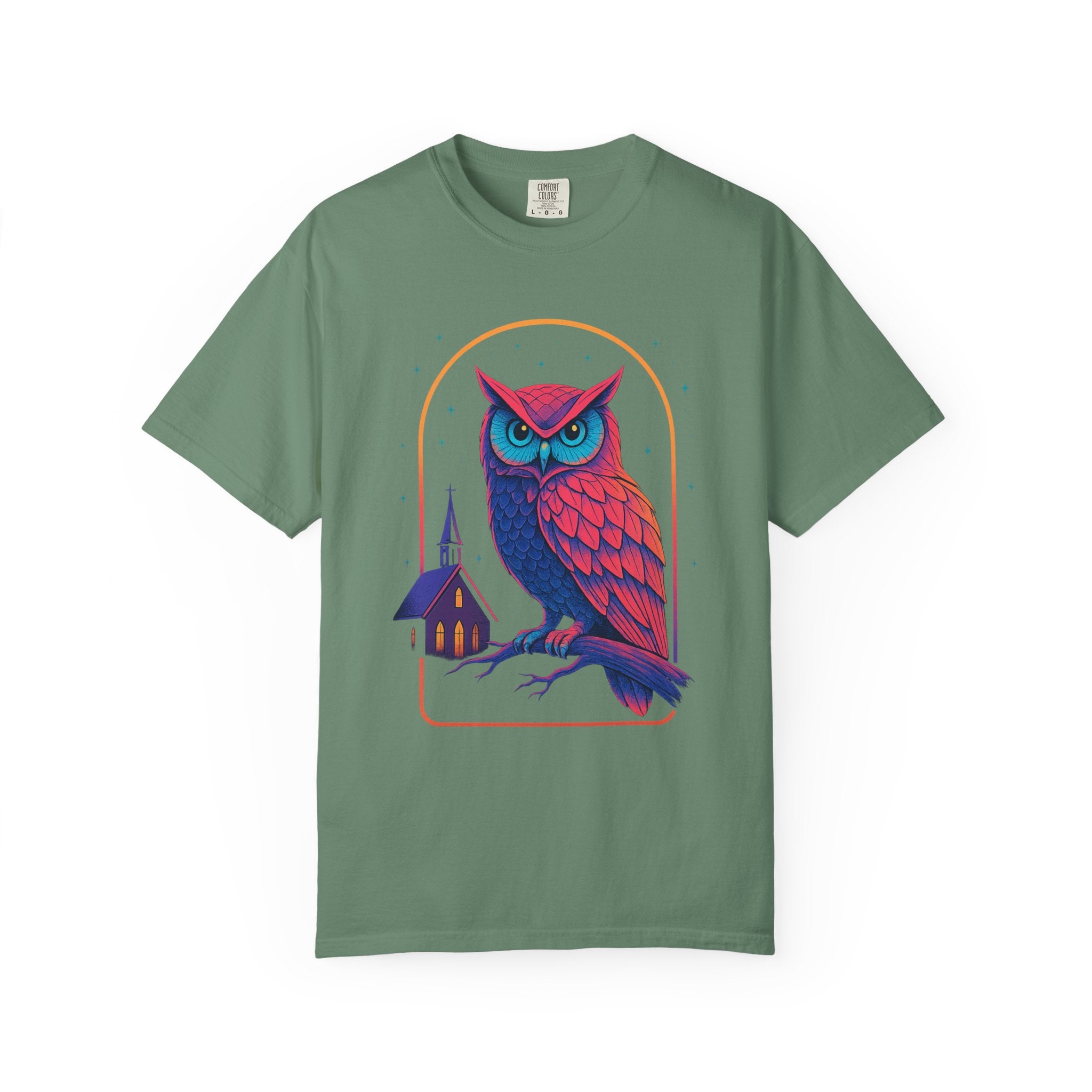Neon Owl Illustration T-Shirt | Night Church Graphic Tee by Printify