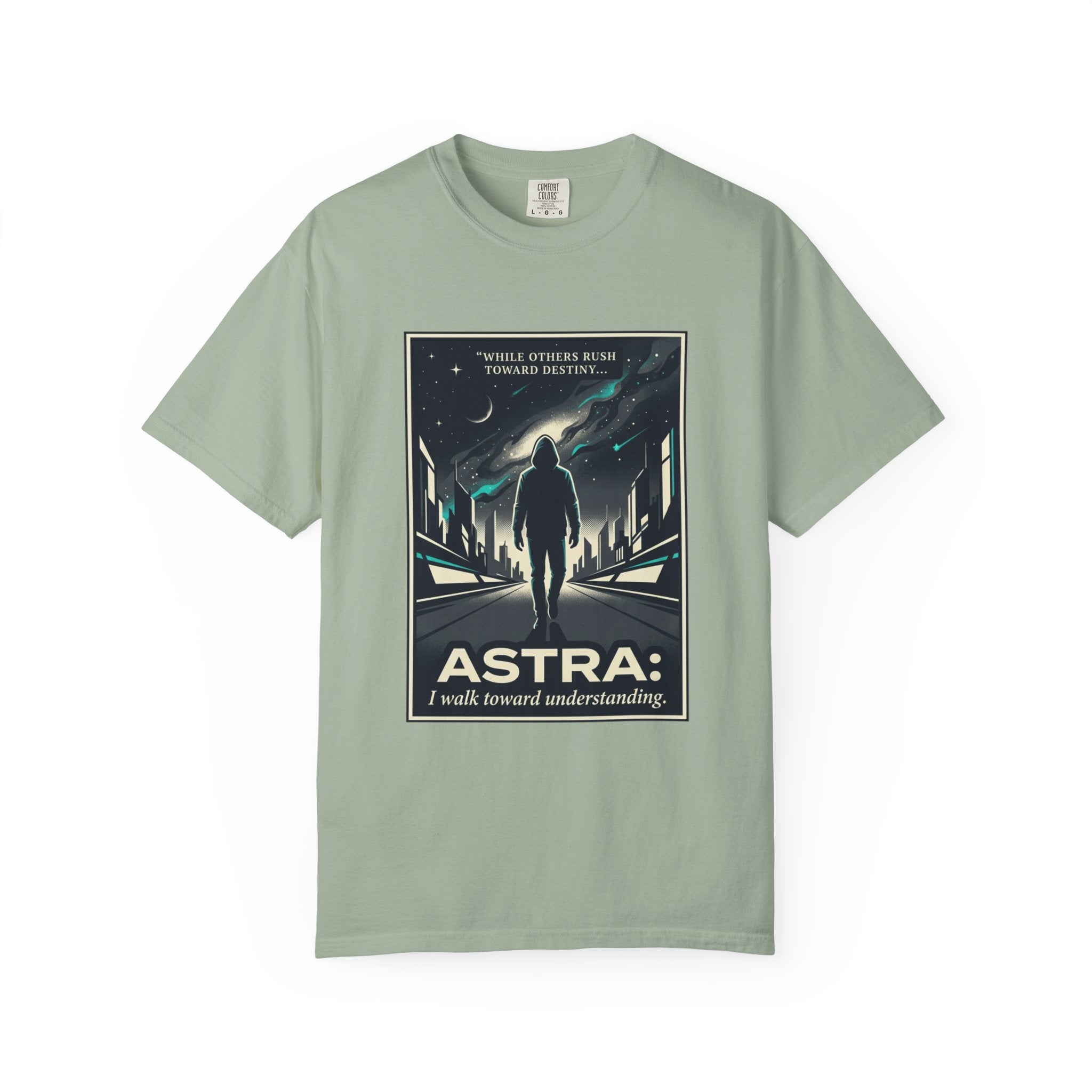 Power Runs Black Astra Sci‑Fi Graphic T-Shirt — "I walk toward understanding" Poster Design by Power Runs Black