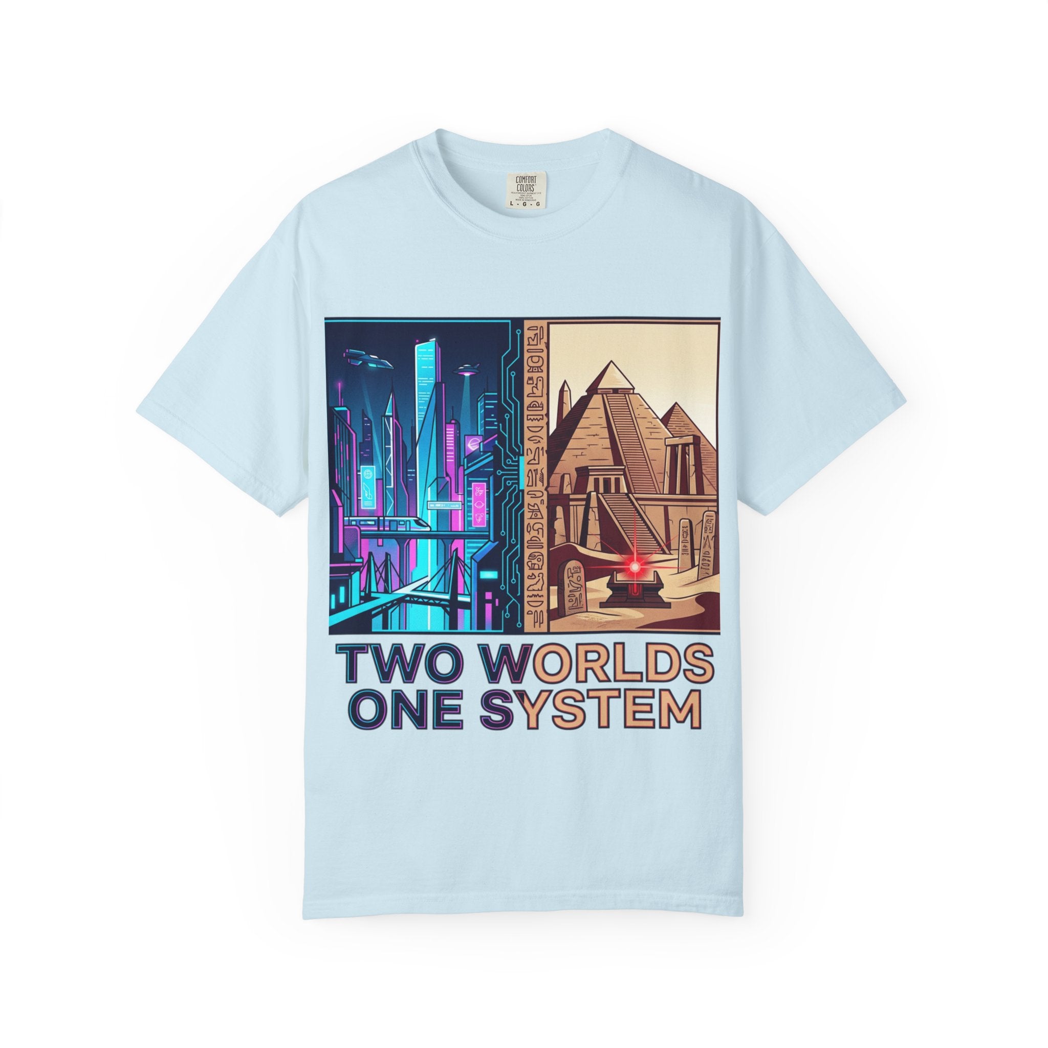 Power Runs Black PRB Blue Technopolis/ Red Dominion Two Worlds One System T-Shirt by Power Runs Black