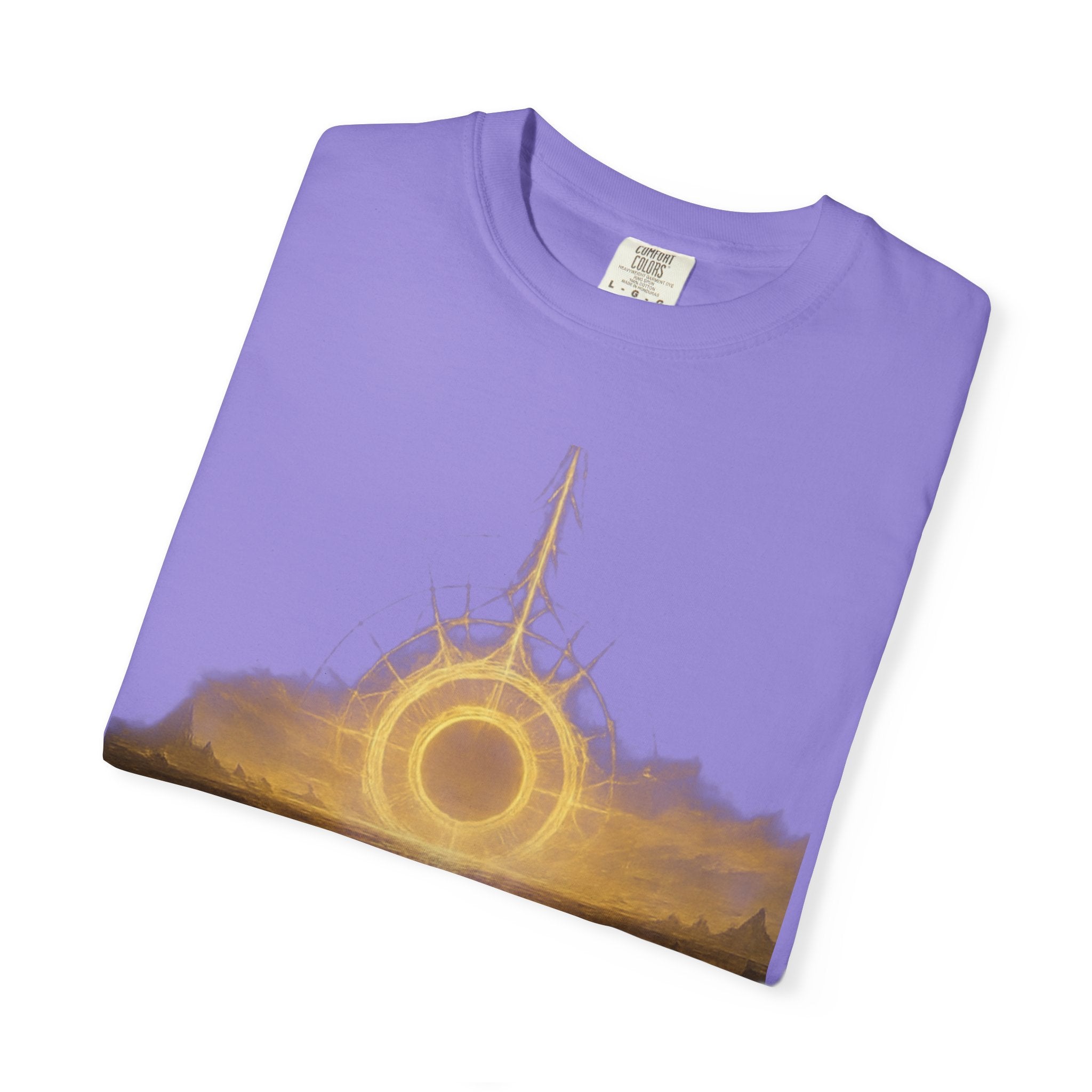 Power Runs Black PRB Golden Eclipse Portal T-shirt | Fantasy Landscape, Mystic Ring, Tower Art by Power Runs Black