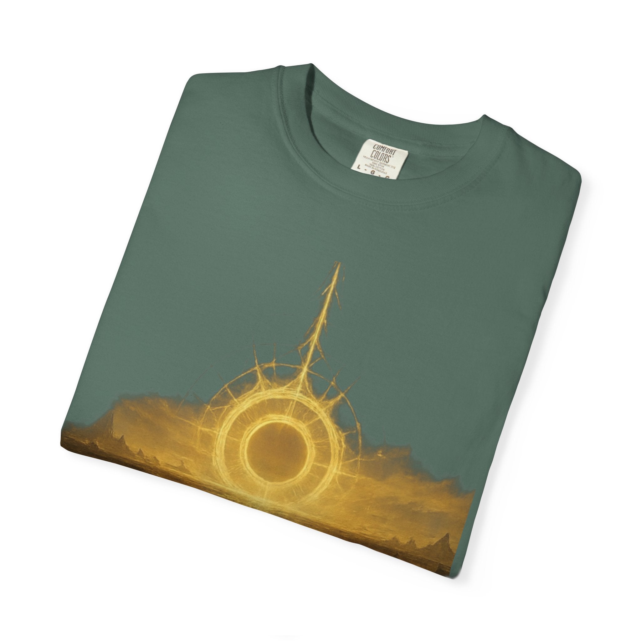 Power Runs Black PRB Golden Eclipse Portal T-shirt | Fantasy Landscape, Mystic Ring, Tower Art by Power Runs Black