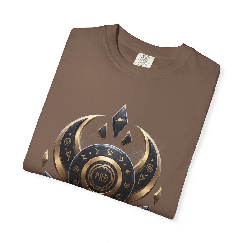 Power Runs Black Mystic Compass Disc T-Shirt — Geometric Gold & Black Emblem Tee by Printify
