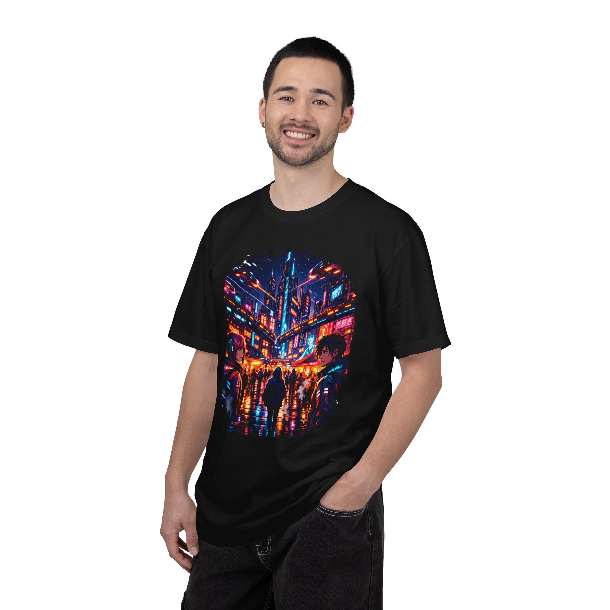 PRB Neon Cyberpunk Cityscape T-shirt | Anime Night Rain Streets by Power Runs Black