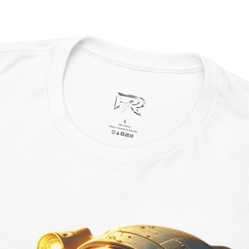 Power Runs Black PRB Golden Astronaut Portrait T-Shirt | Space Helmet Art, Cosmic Lights by Printify