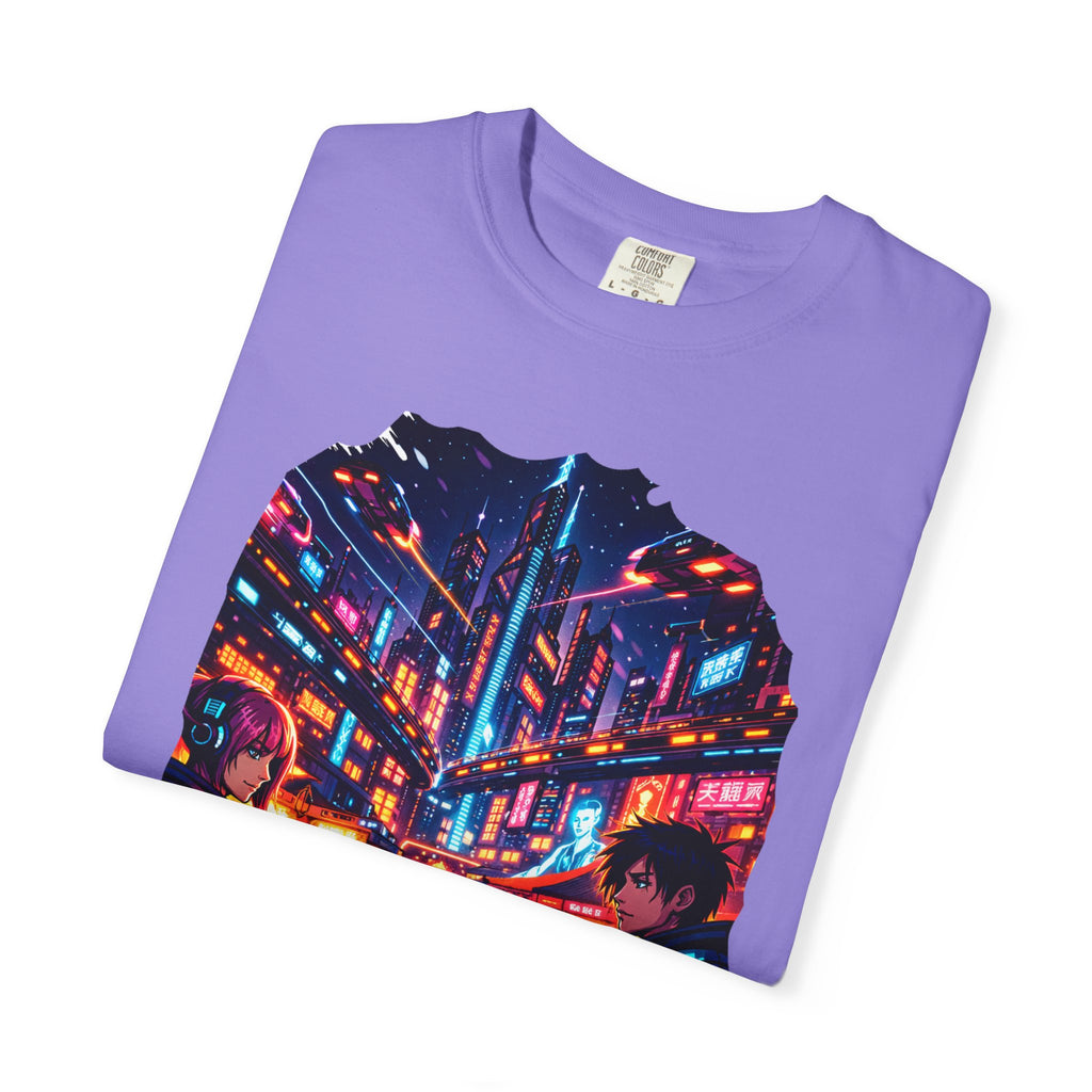PRB Neon Cyberpunk Cityscape T-shirt | Anime Night Rain Streets by Power Runs Black