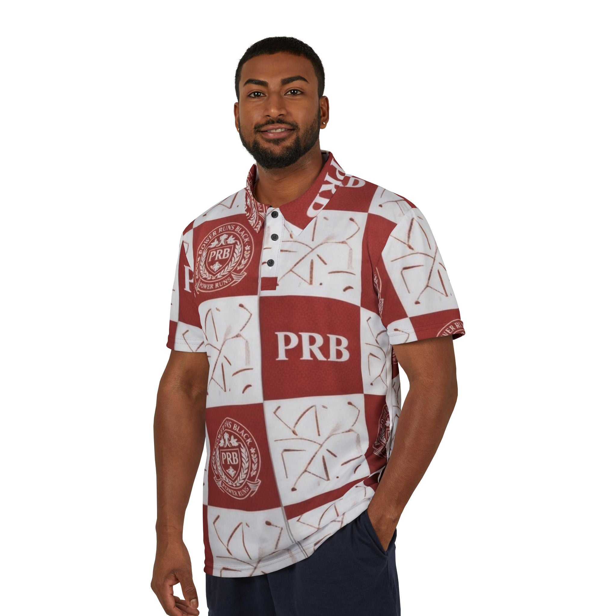 PRB Checkerboard Polo Shirt — Maroon Crest All-Over Print by Printify