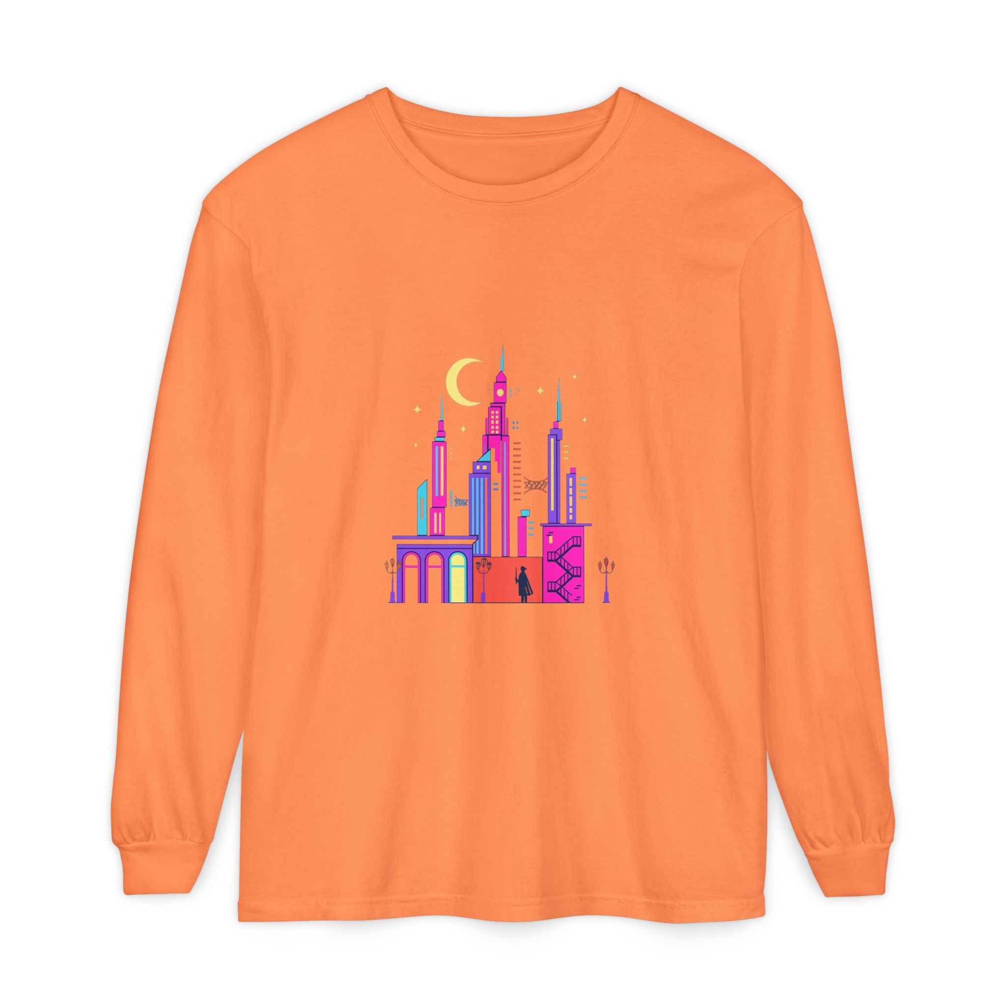 PRB Neon City Skyline Long Sleeve Shirt | Urban Nightscape Illustration by Power Runs Black