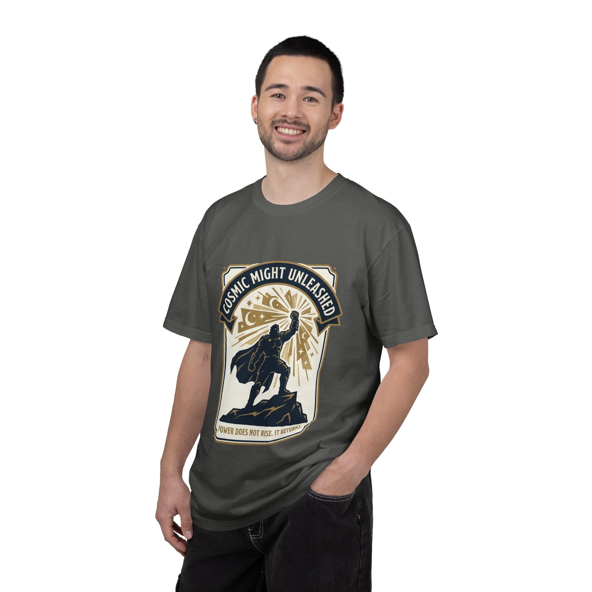 PRB Starforged Flex Cosmic Might Unleashed T-Shirt — Retro Superhero Space Graphic ('Power Does Not Rise, It Returns') by Power Runs Black