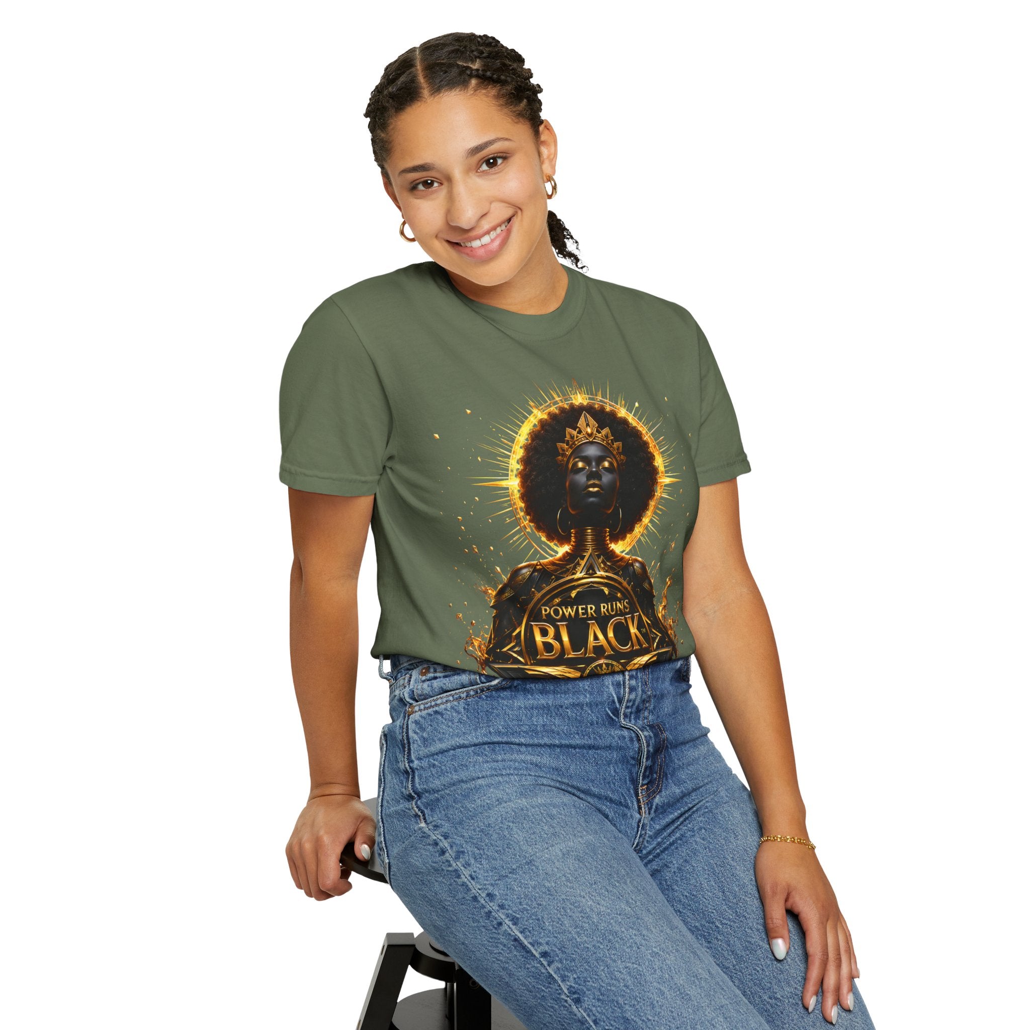 Power Runs Black goddess illustration T-Shirt | Afrocentric black pride design by Power Runs Black