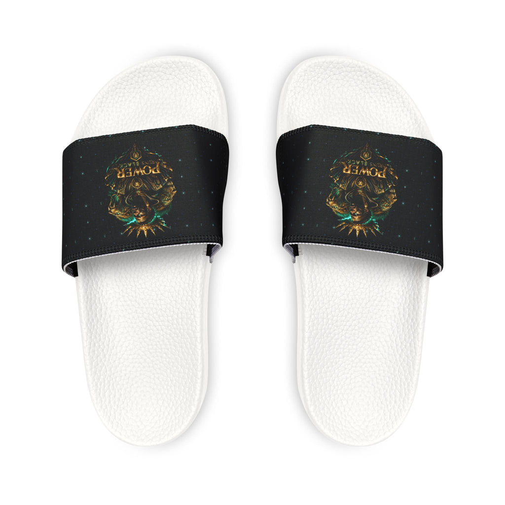 Power Runs Black Slide Sandals - Black Mythical Crest Logo Slides for Men by Power Runs Black