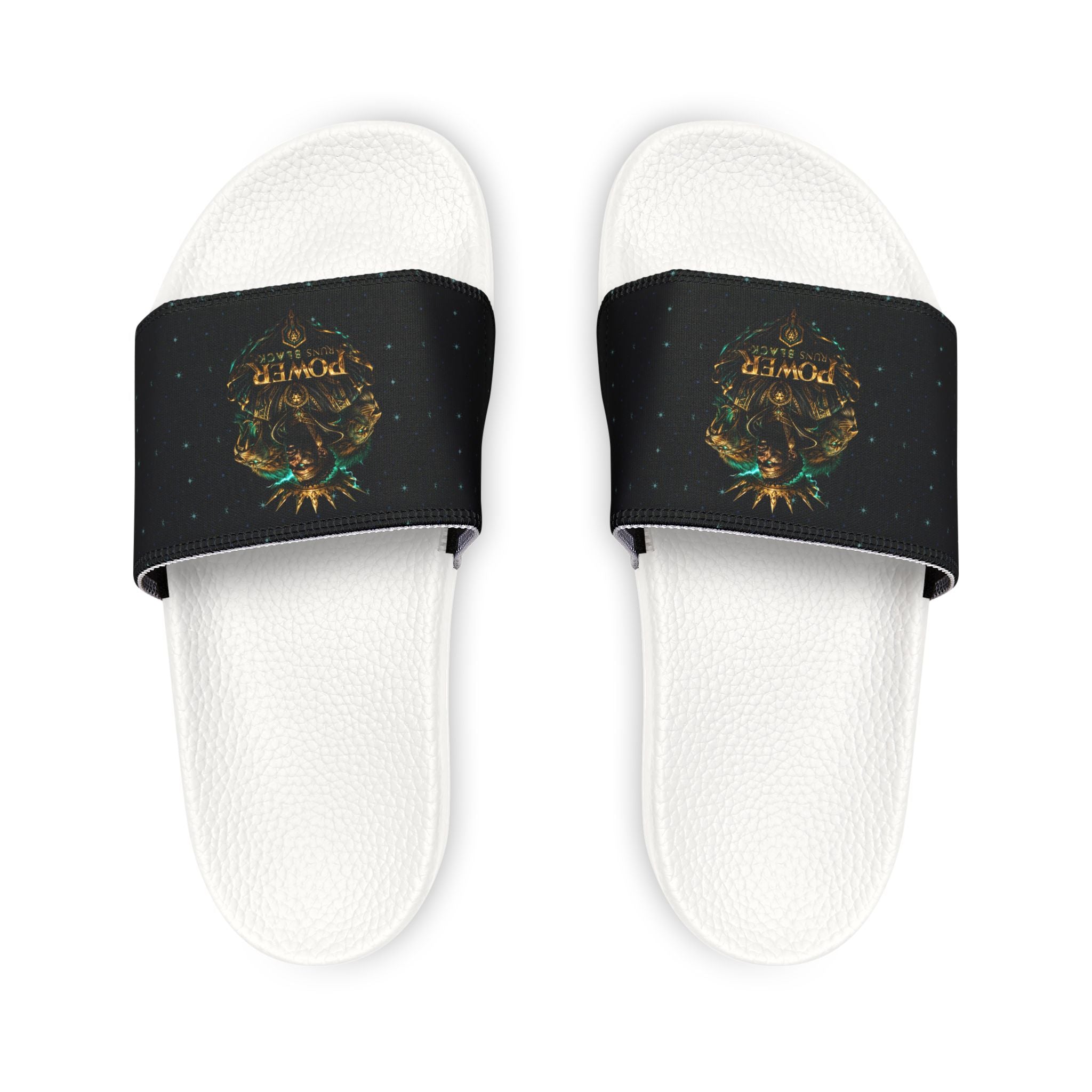 Power Runs Black Slide Sandals - Black Mythical Crest Logo Slides for Men by Power Runs Black