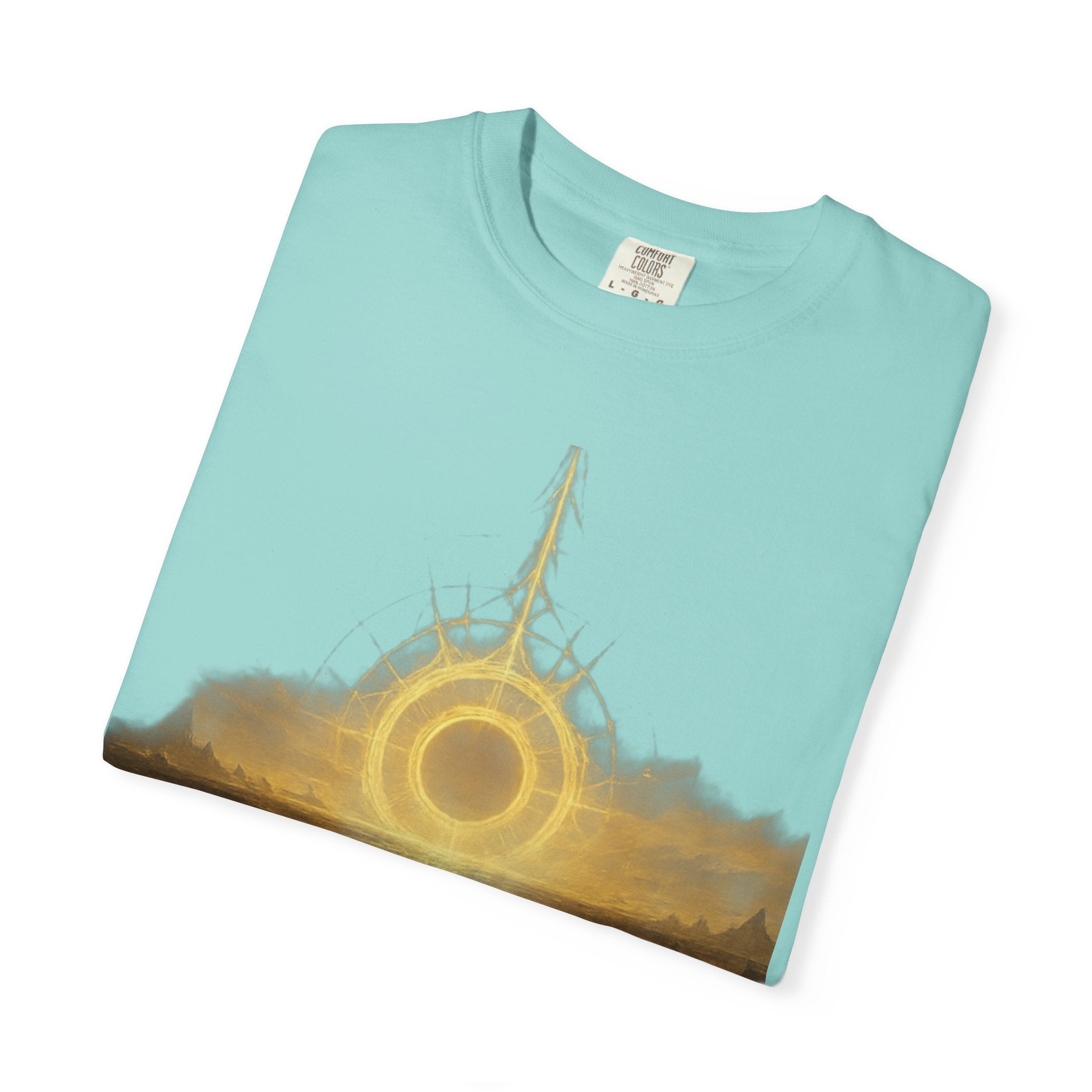 Power Runs Black PRB Golden Eclipse Portal T-shirt | Fantasy Landscape, Mystic Ring, Tower Art by Power Runs Black
