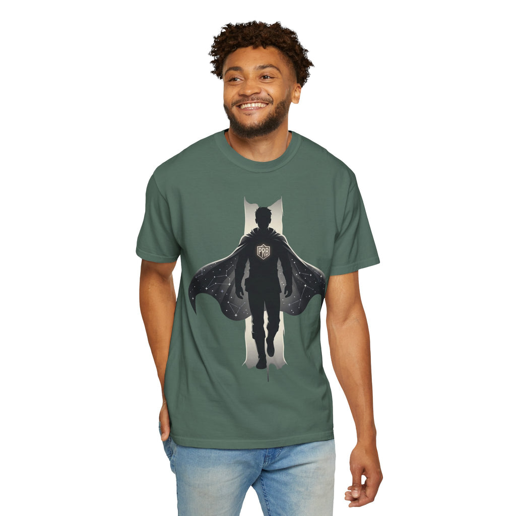 Power Runs Black Silhouette PRB Superhero with Cape T-shirt | Night Sky Emblem, Graphic Tee by Printify