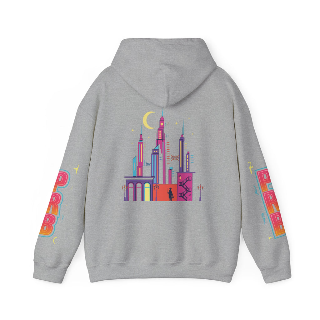 PRB Graphic Hoodie — Colorful Cityscape Pullover by Power Runs Black