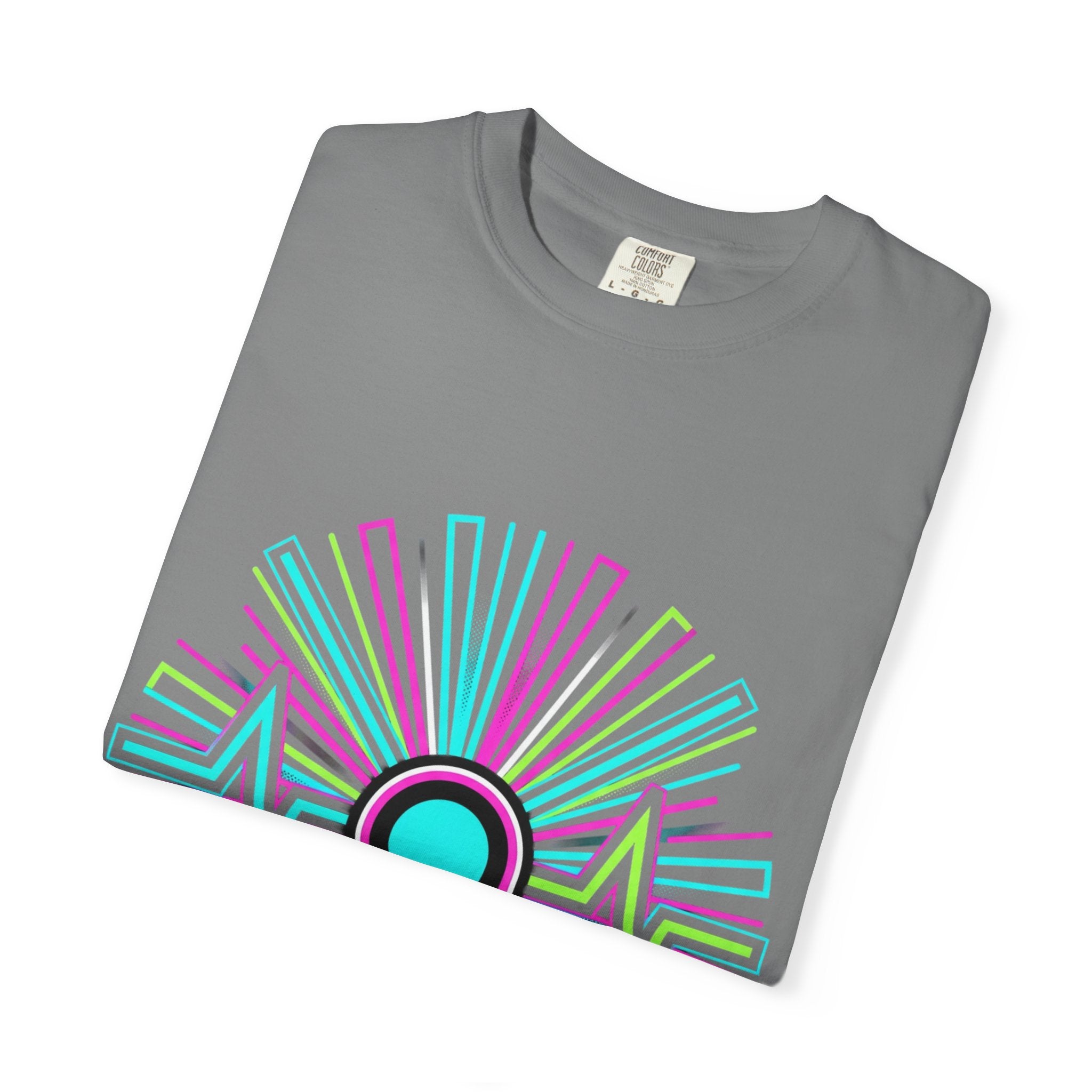 Power Runs Black PRB Electric "Move With Pulse" Graphic T-Shirt — Neon Sunburst Design by Power Runs Black