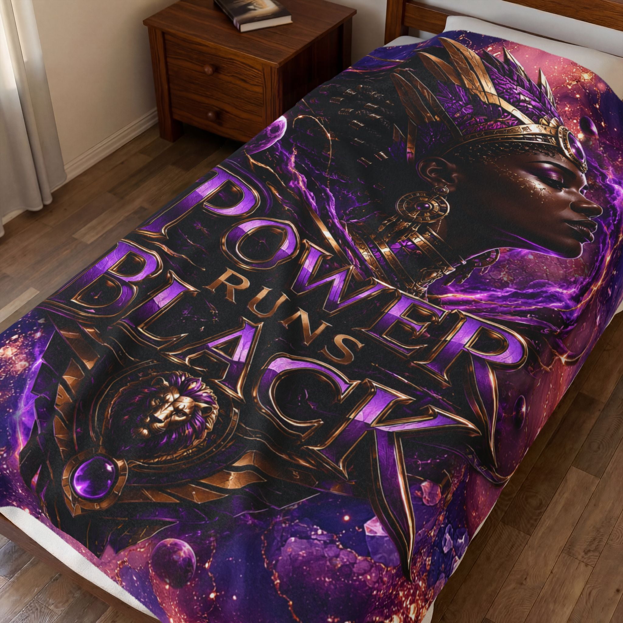 Power Runs Black Velveteen Plush Blanket - "Power Runs Black" Inspirational Afrocentric Throw Blanket by Power Runs Black