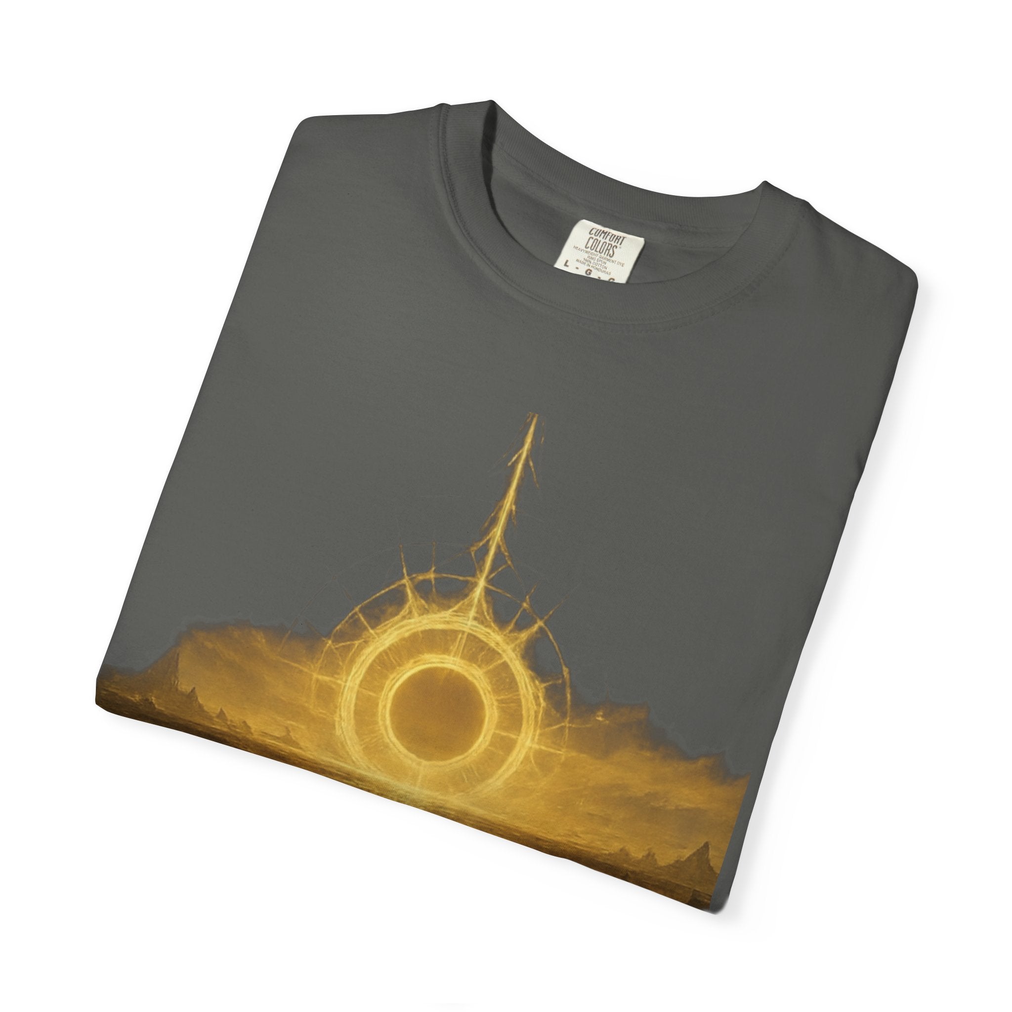 Power Runs Black PRB Golden Eclipse Portal T-shirt | Fantasy Landscape, Mystic Ring, Tower Art by Power Runs Black