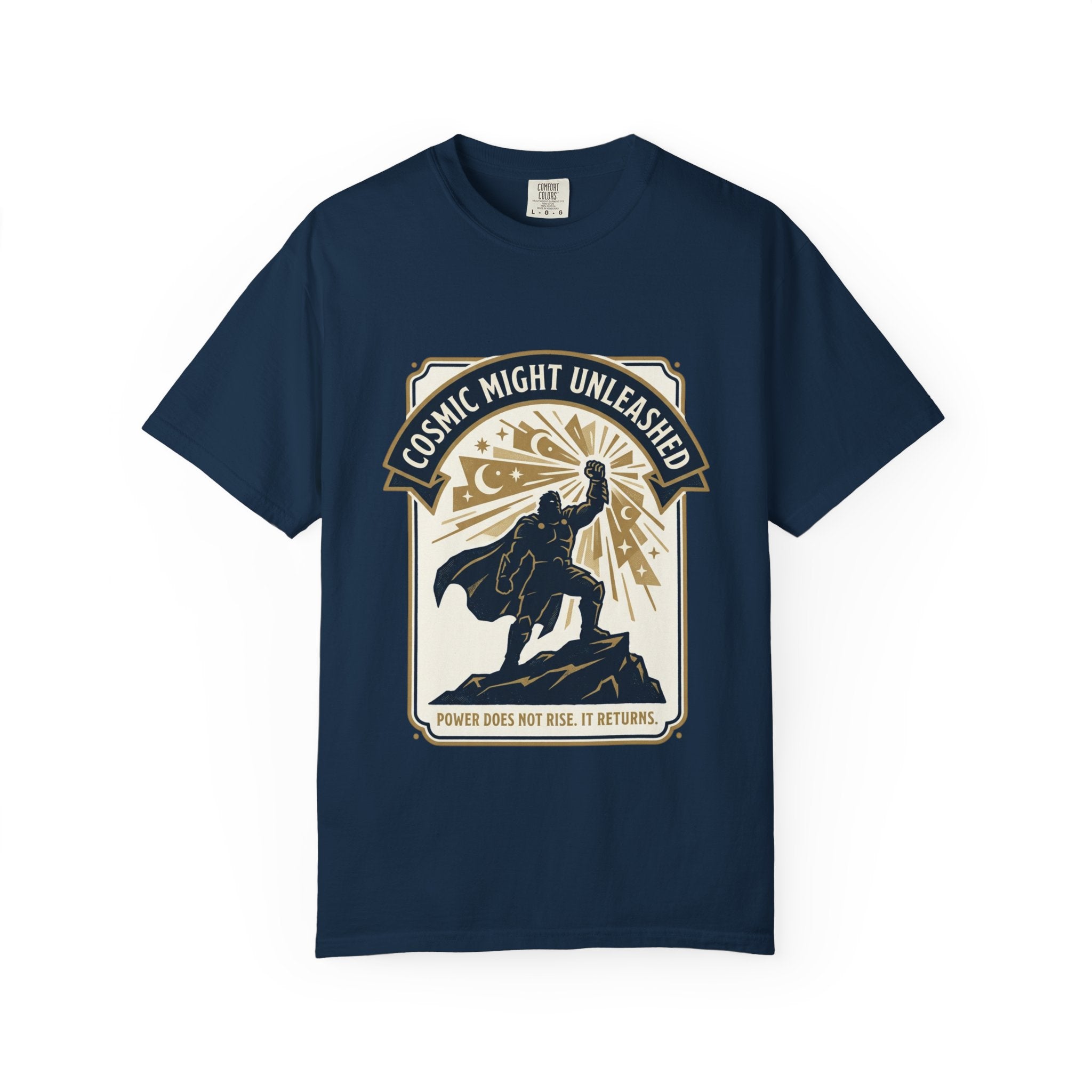 PRB Starforged Flex Cosmic Might Unleashed T-Shirt — Retro Superhero Space Graphic ('Power Does Not Rise, It Returns') by Power Runs Black