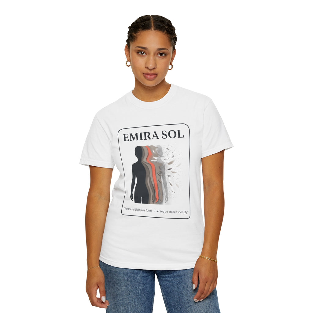 Power Runs Black PRB Emira Sol Graphic T-Shirt — Silhouette Art "Release Shadows" Tee by Printify