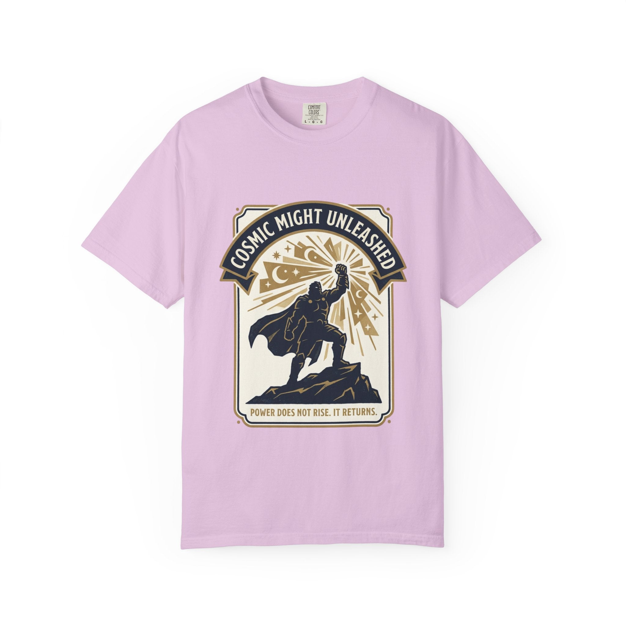 PRB Starforged Flex Cosmic Might Unleashed T-Shirt — Retro Superhero Space Graphic ('Power Does Not Rise, It Returns') by Power Runs Black