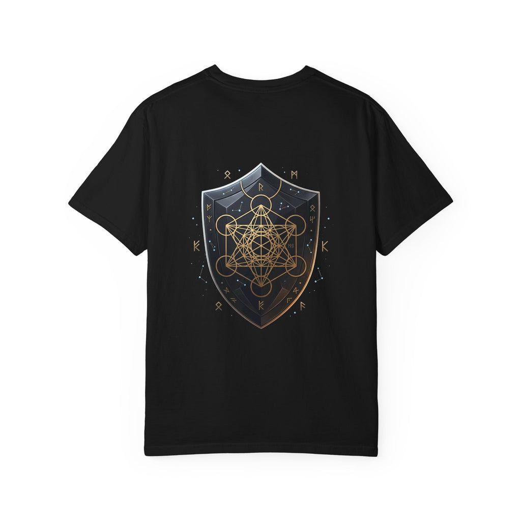 Power Runs Black Mystic Compass Disc T-Shirt — Geometric Gold & Black Emblem Tee by Printify