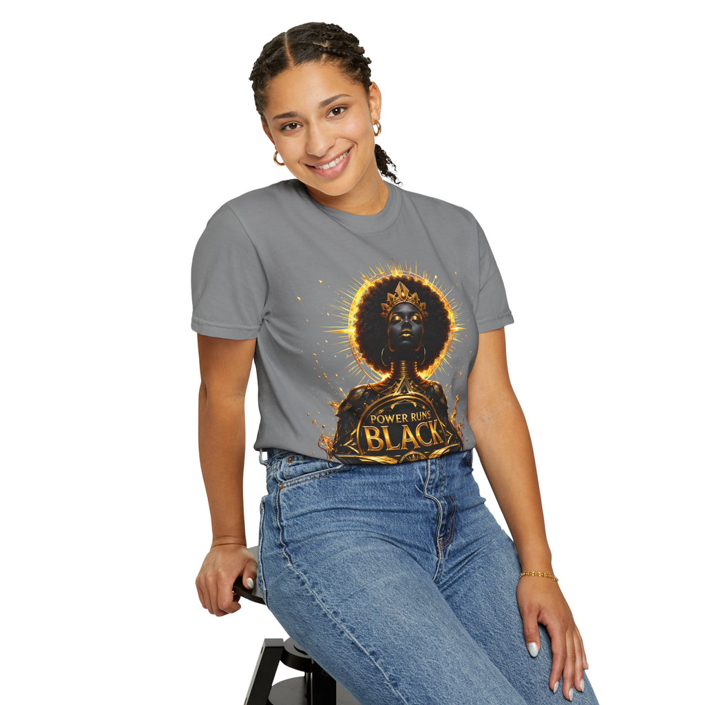 Power Runs Black goddess illustration T-Shirt | Afrocentric black pride design by Power Runs Black