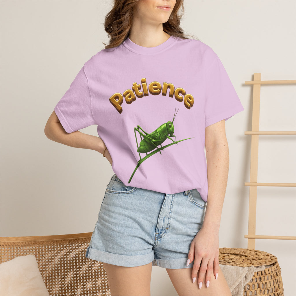 PRB Patience Grasshopper T-shirt | Green Grasshopper Illustration, Positive Quote by Printify