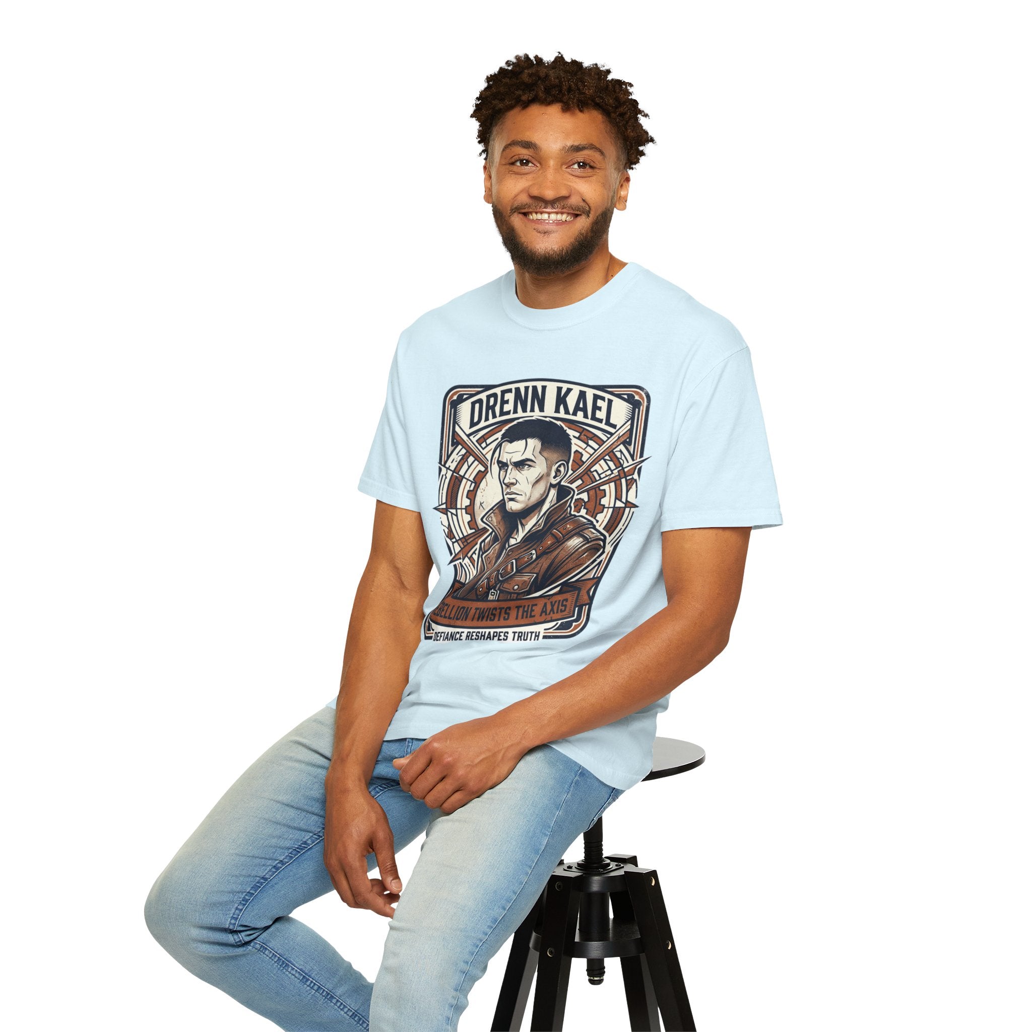 Power Runs Black PRB Drenn Kael Portrait T-Shirt — "Rebellion Twists the Axis" Graphic Tee by Printify