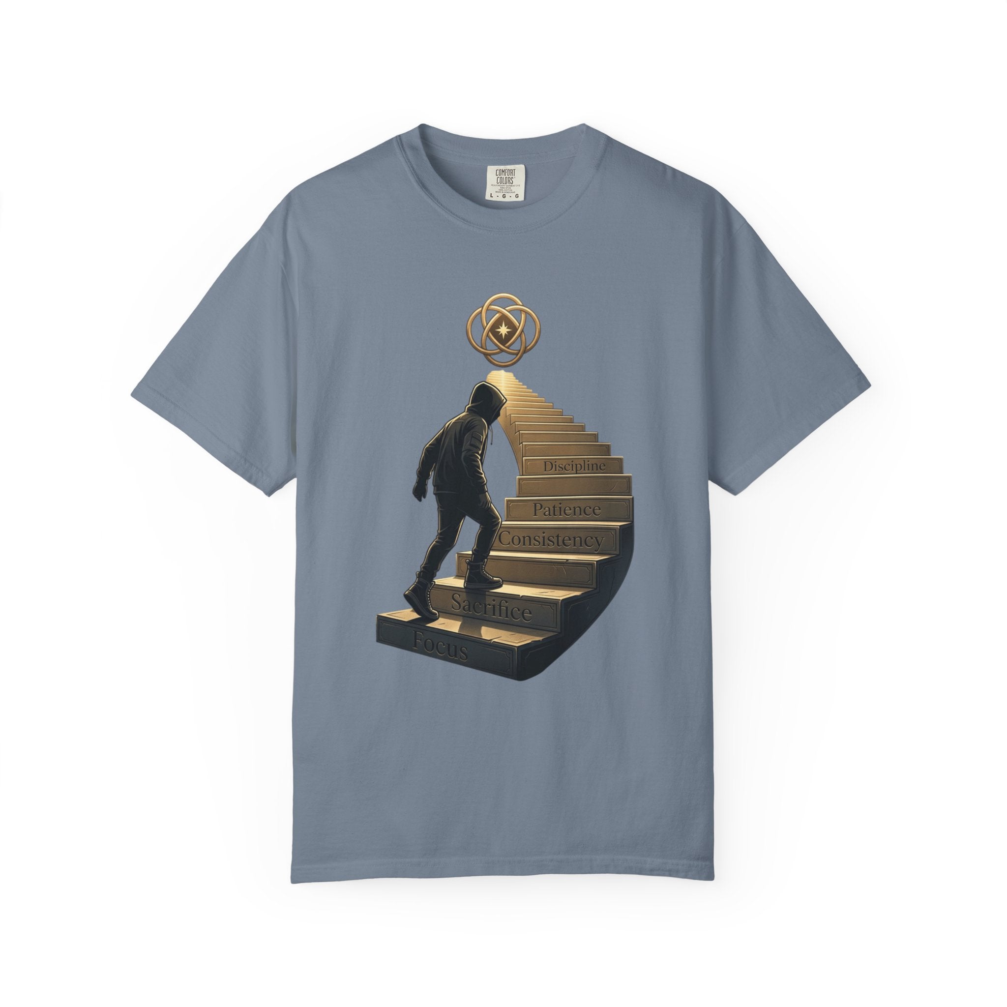Printify PRB Stairway of Growth T-Shirt | Person Ascending Steps with Symbols - T-Shirt
