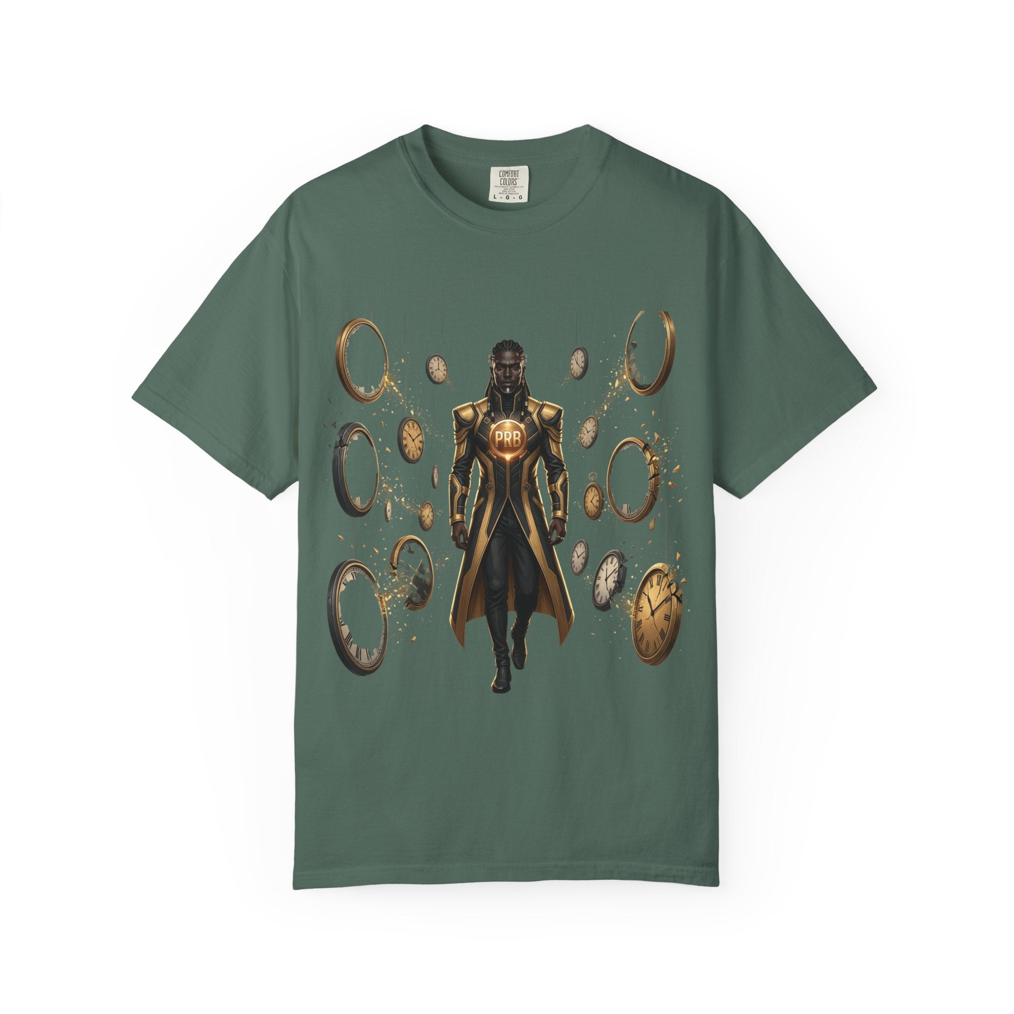 Printify PRB Time Mage Character Art T-Shirt | Floating Clocks, Fantasy Magic - T-Shirt