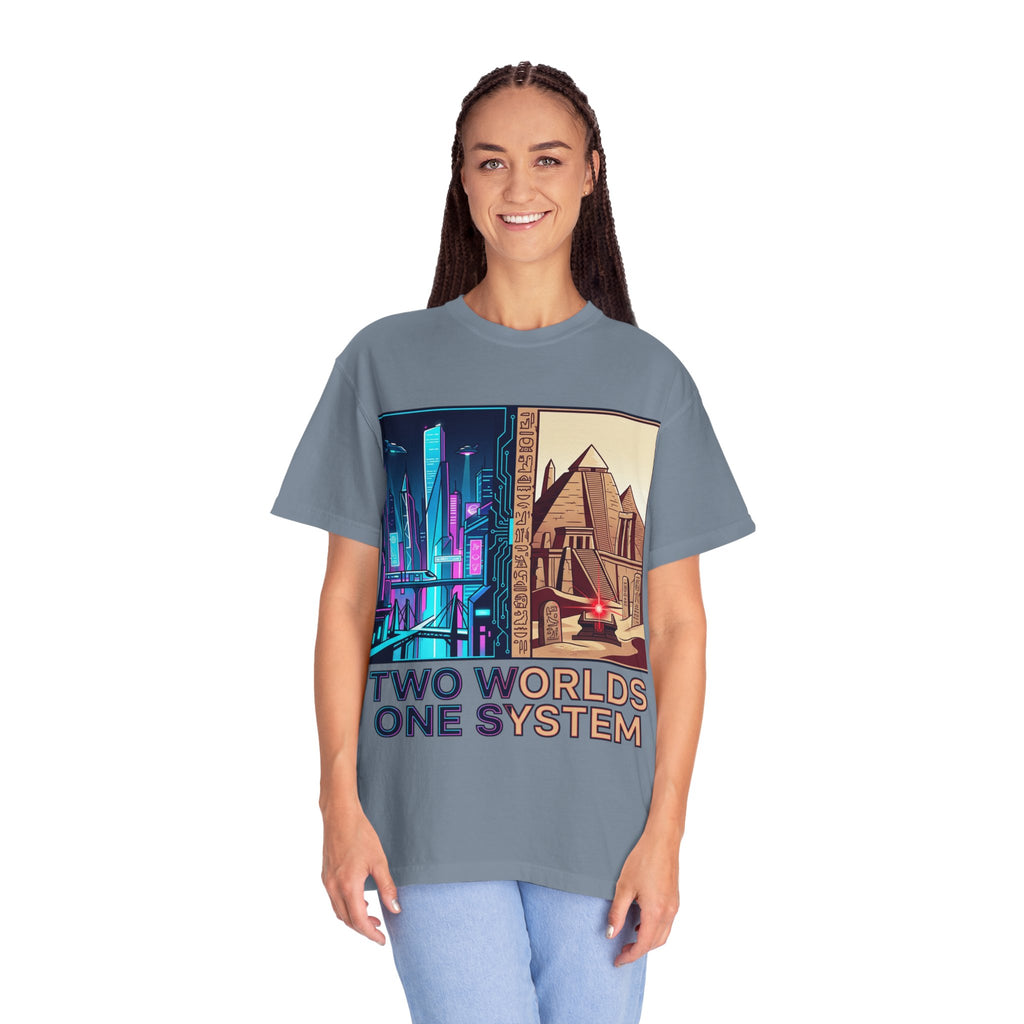 Power Runs Black PRB Blue Technopolis/ Red Dominion Two Worlds One System T-Shirt by Power Runs Black